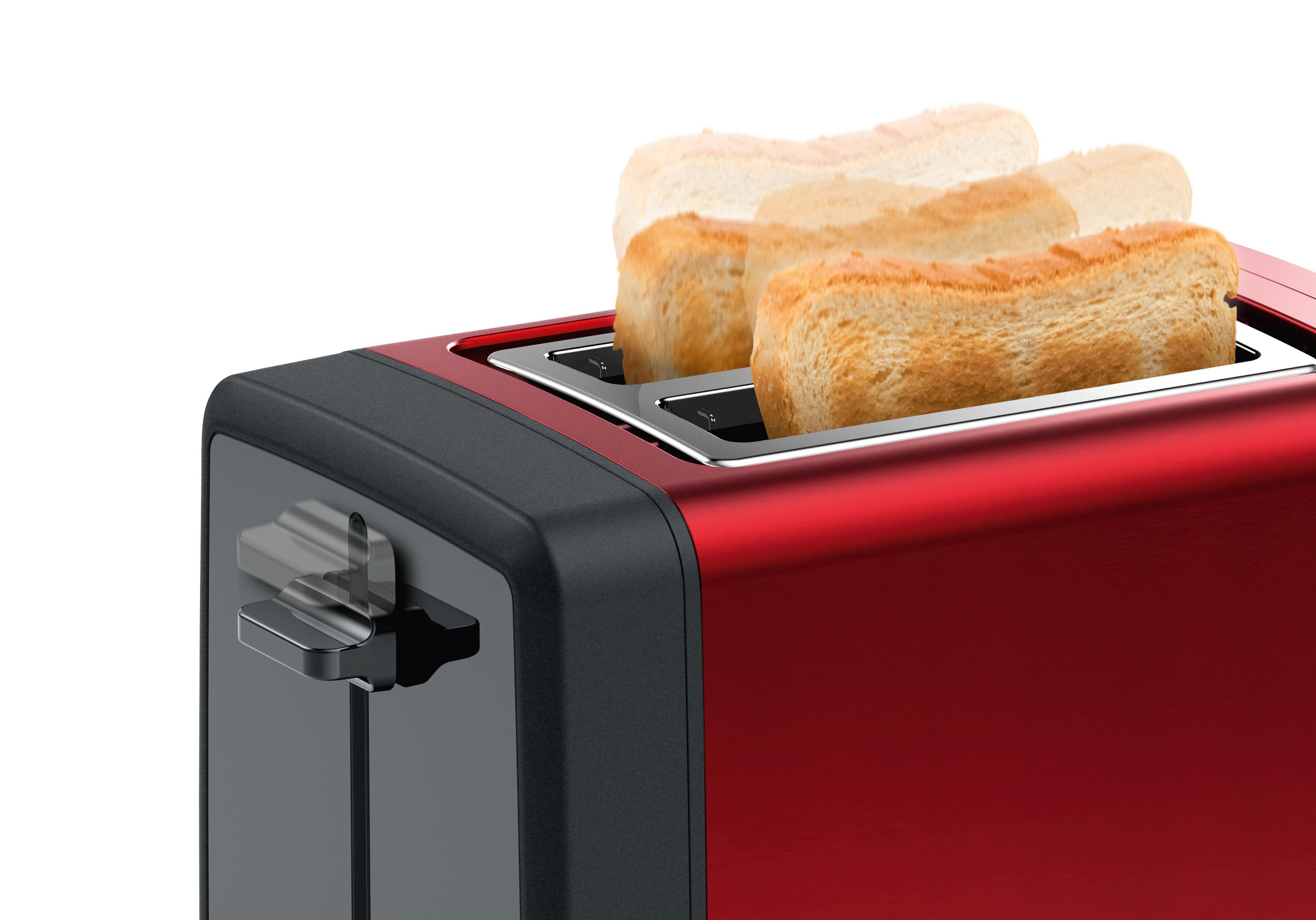 Roter Toaster mit zwei herausspringenden Toastscheiben. Schwarze Details.