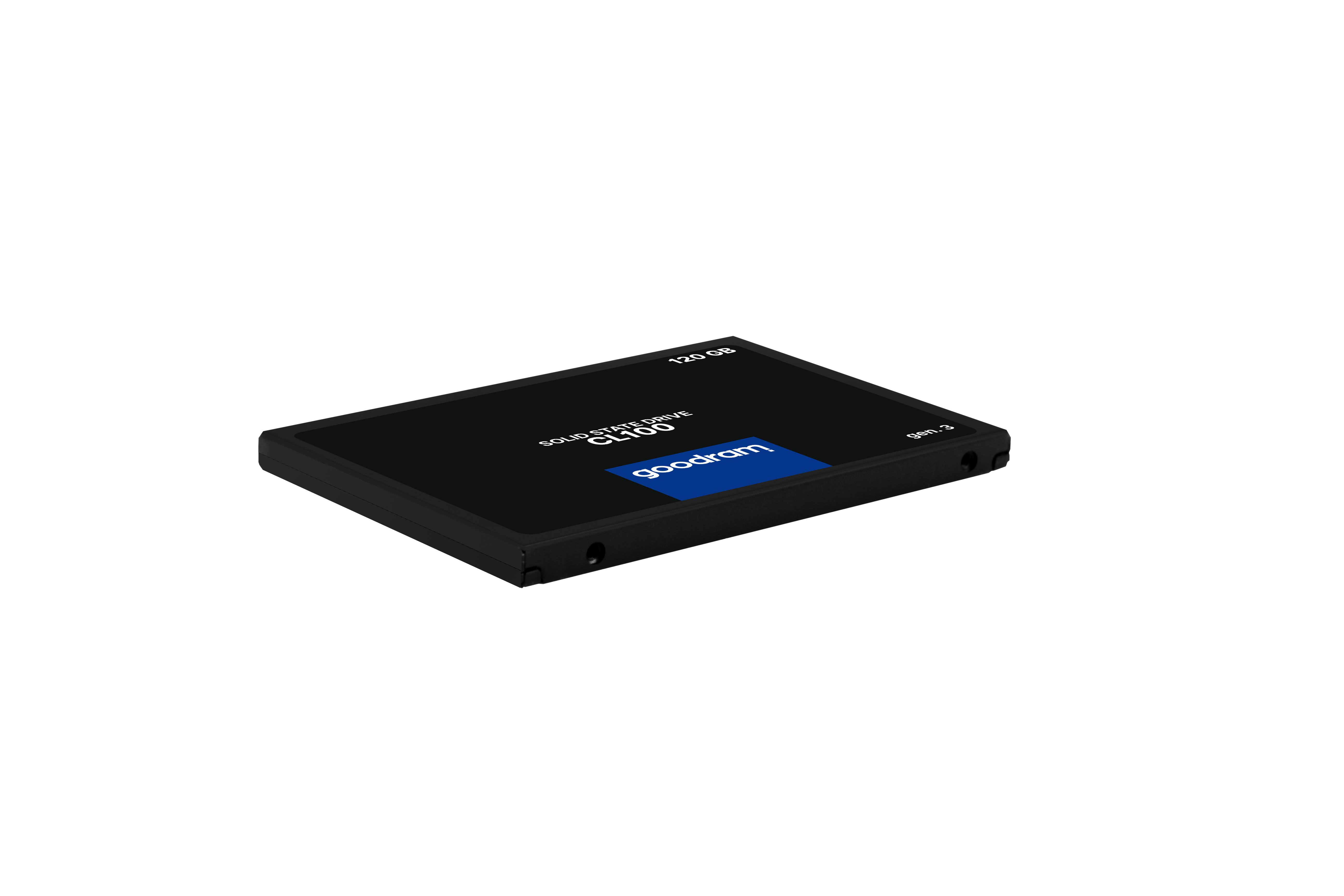 Un disco SSD nero con l'etichetta "goodram CL100 120 GB", sfondo bianco.