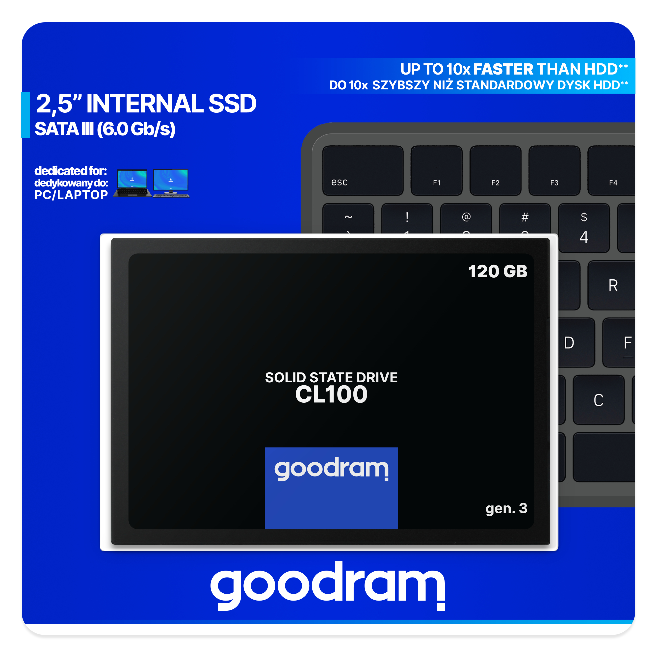 Un SSD nero con testo e tastiera sullo sfondo, con scritto 120 GB.