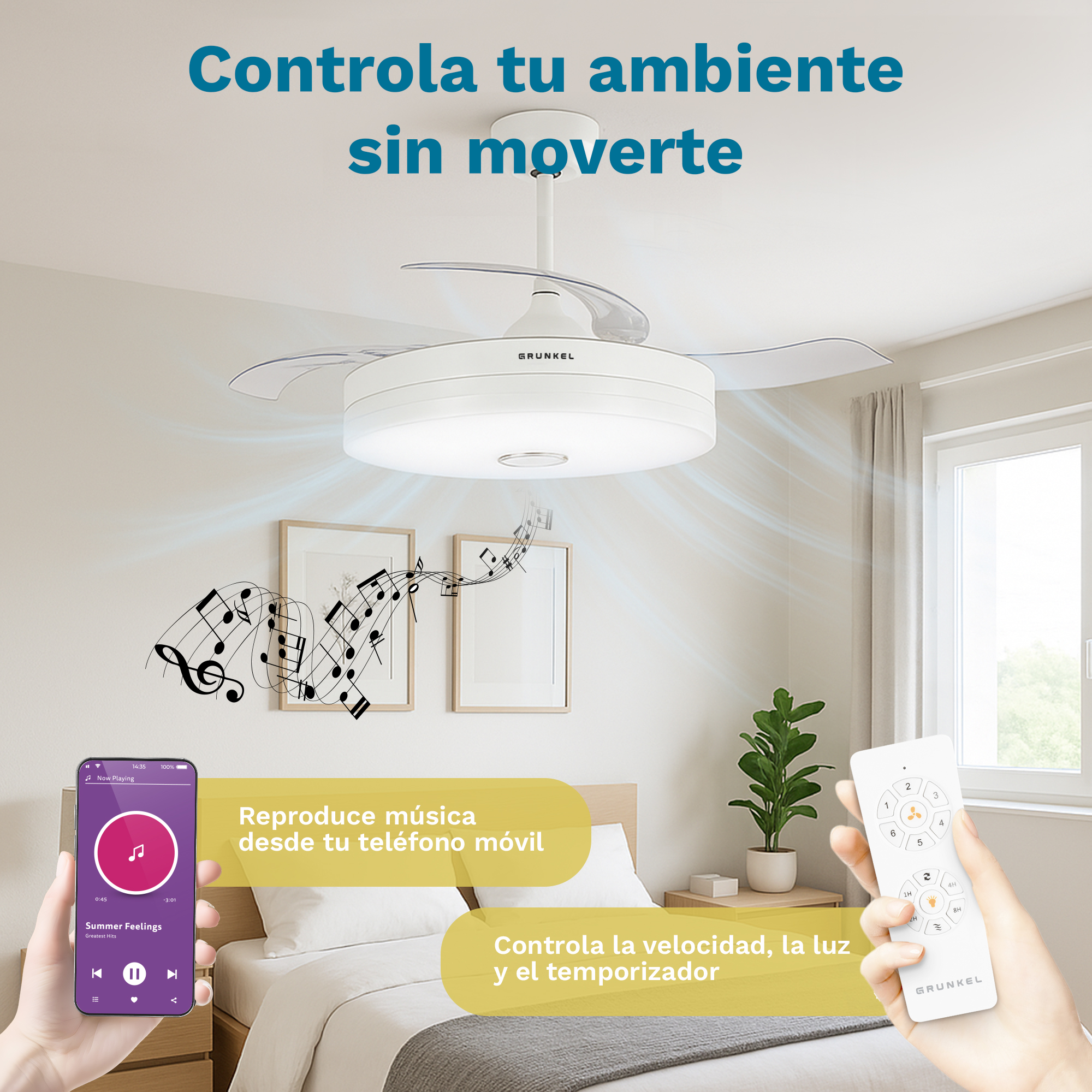 Una persona controlla un ventilatore da soffitto con un telecomando. La musica suona su un telefono.
