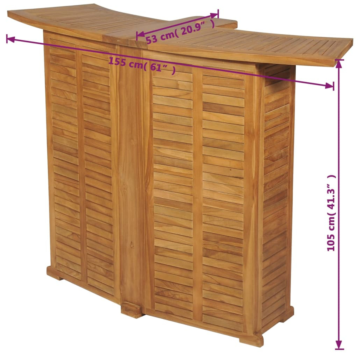Holzbar mit Maßangaben. Schräge Oberseite und Lamellenfront. Hellbraun.