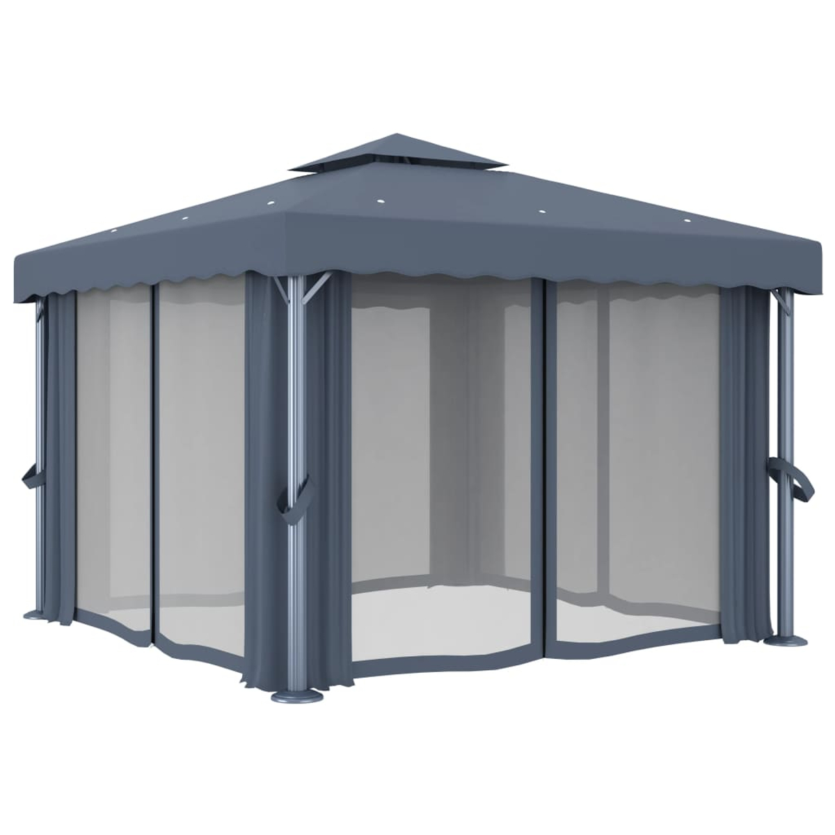 Ein grauer Pavillon mit grauen Vorhängen, von außen sichtbar, Draufsicht, auf weißem Hintergrund.