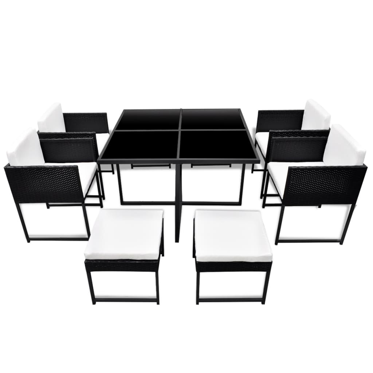 Schwarz-weißes Outdoor-Möbelset: Tisch, Stühle und Ottomanen auf weißem Hintergrund.