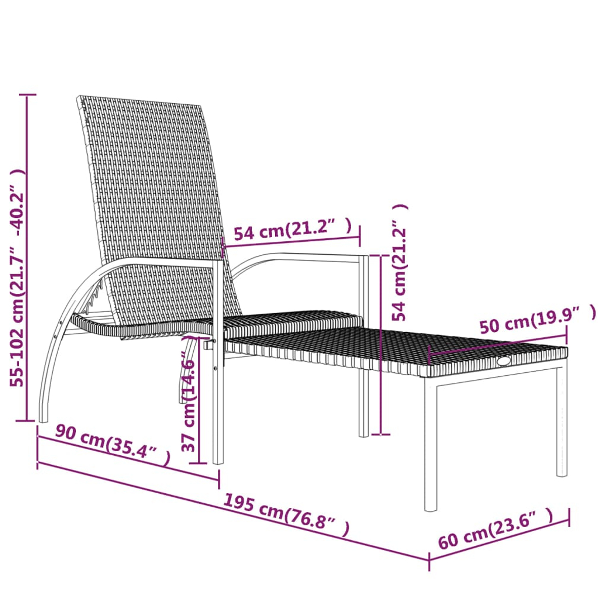 Outdoor-Wicker-Chaiselongue mit beschrifteten Maßen in Zentimetern vor weißem Hintergrund.