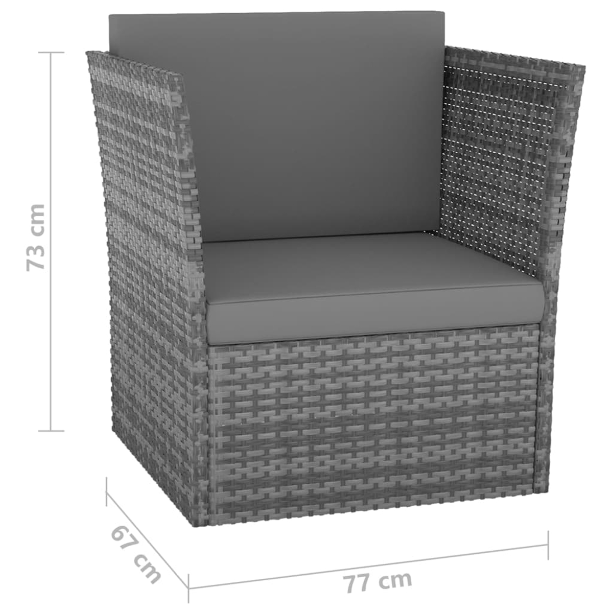 Grauer Rattan-Stuhl mit grauem Kissen, Maße sind beschriftet.