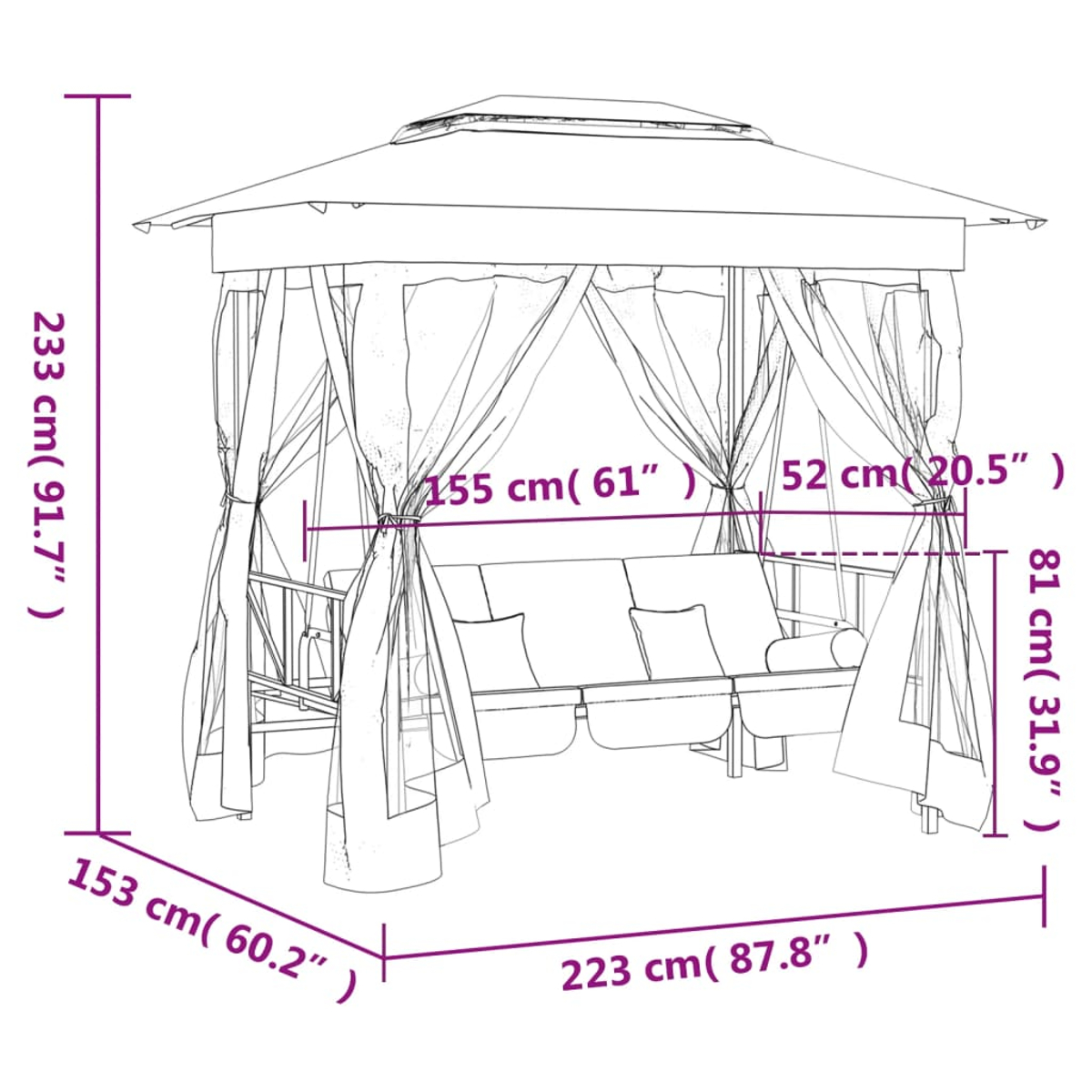 Pavillon mit Schaukel. Beiges Verdeck, hellbrauner Rahmen, weiße Vorhänge.