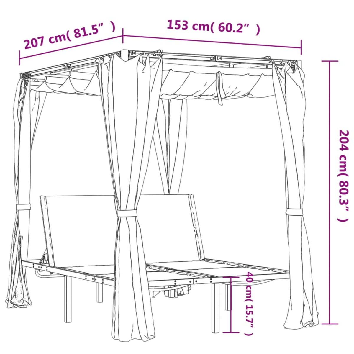 Outdoor-Himmelbett mit Vorhängen. Metallrahmen und weißer Stoff. Abmessungen sind sichtbar.
