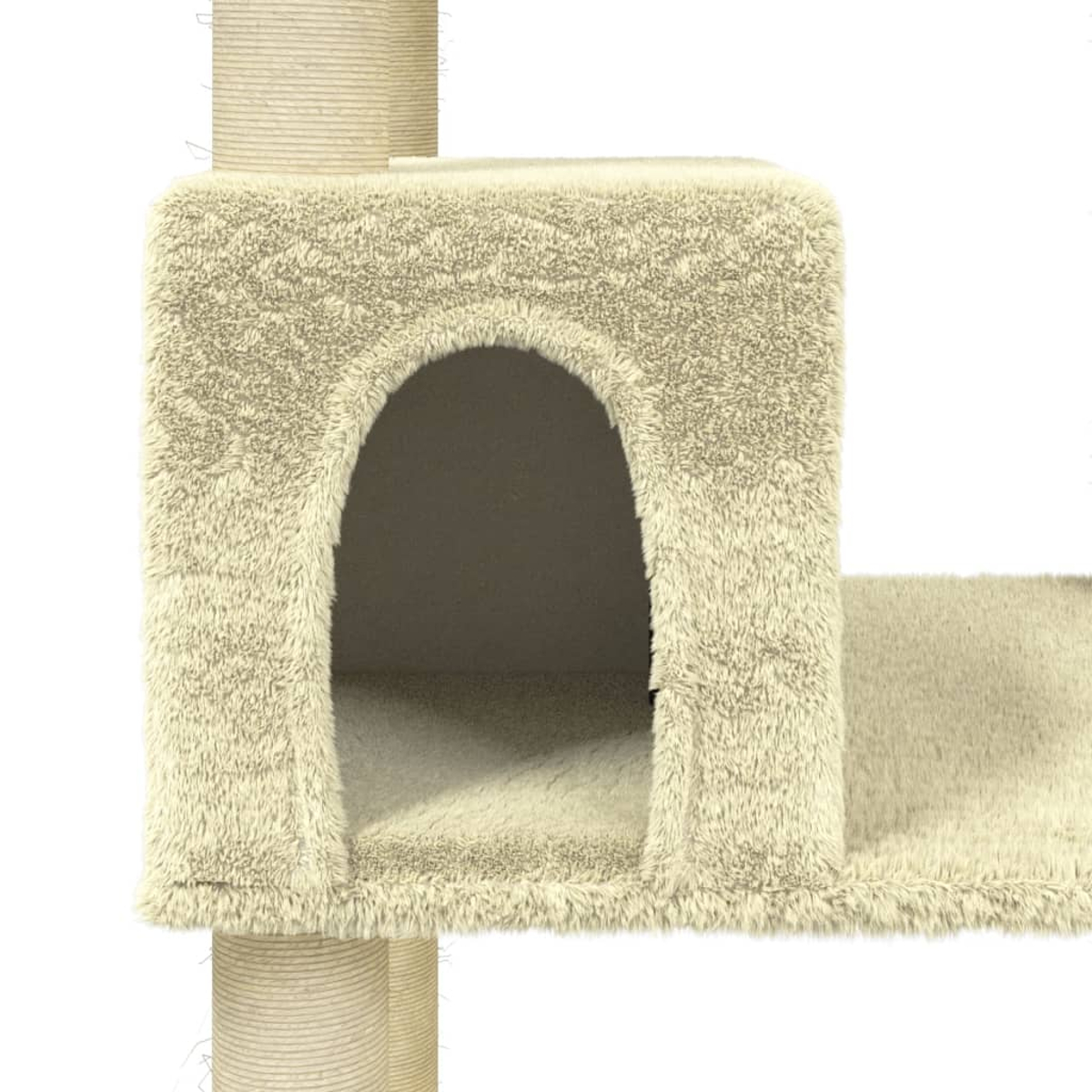 Nahaufnahme eines gemütlichen, beigefarbenen Katzenhaus mit gewölbtem Eingang. Die Textur ist weich.