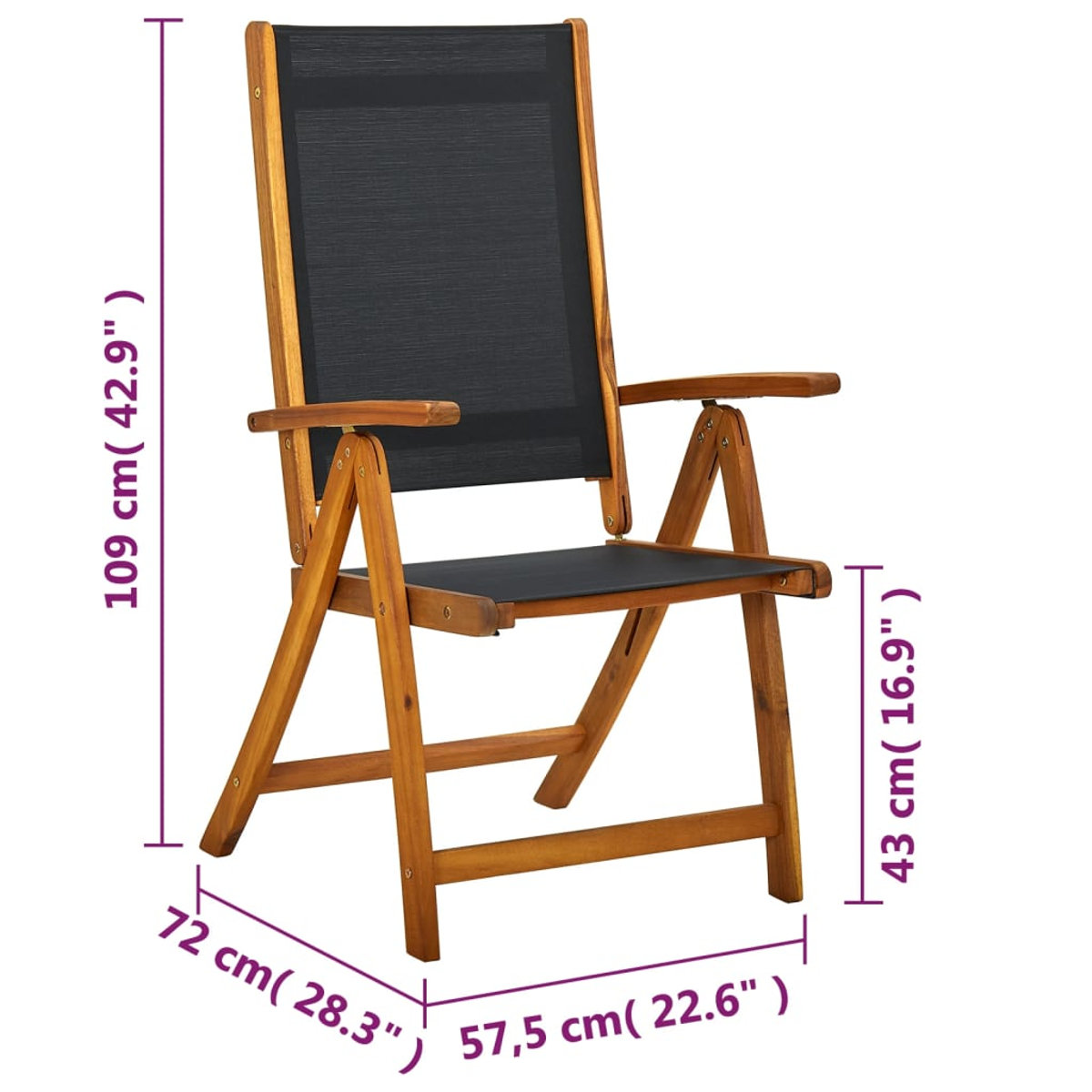 Holz-Außenstuhl mit schwarzem Netzrücken und -sitz. Abmessungen sind im Bild angezeigt.