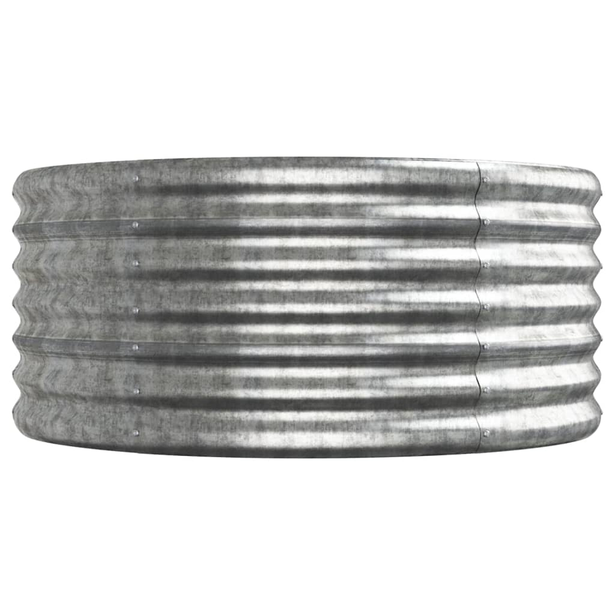 Erhöhtes Gartenbeet aus verzinktem Metall. Kreisförmige Form, gerippte Seiten, sichtbare Bolzen.