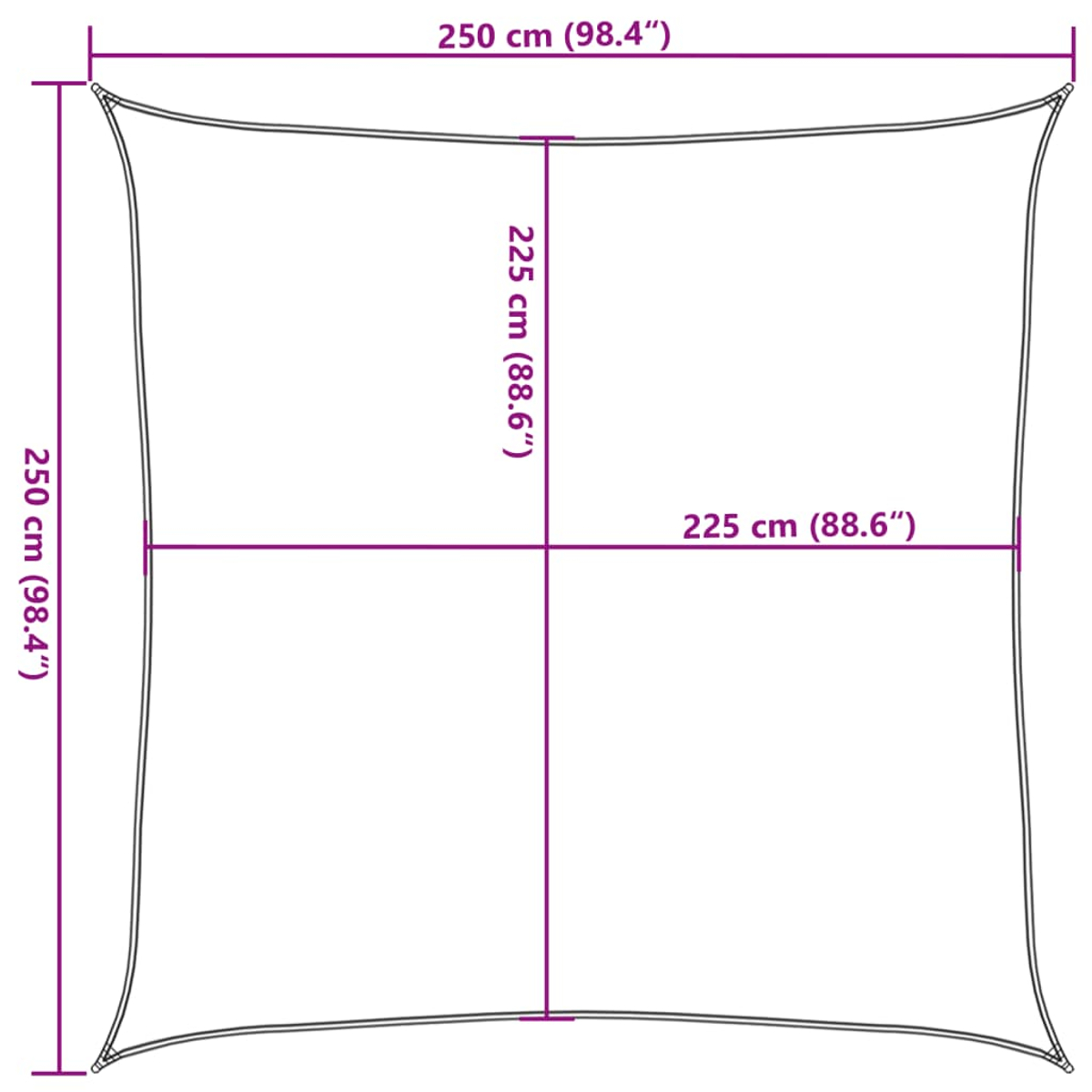 Diagramma di un parasole quadrato con dimensioni di 250 cm (98,4") e 225 cm (88,6").