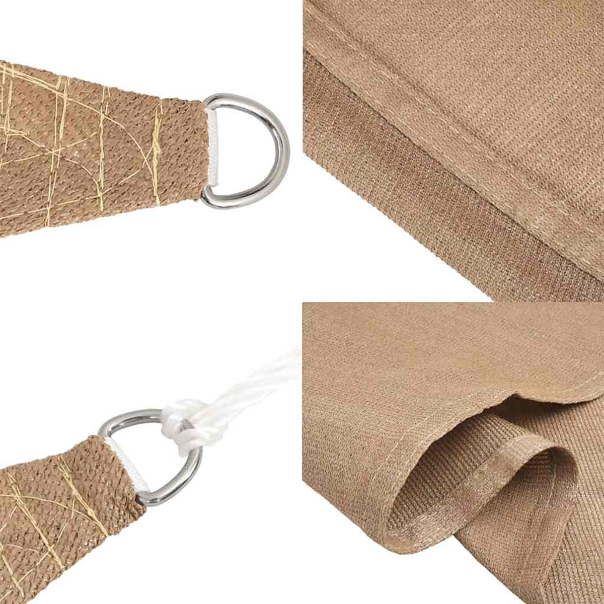 Primo piano di pezzi di tessuto. Il tessuto è color beige con un anello e una corda attaccati. Multiple viste.