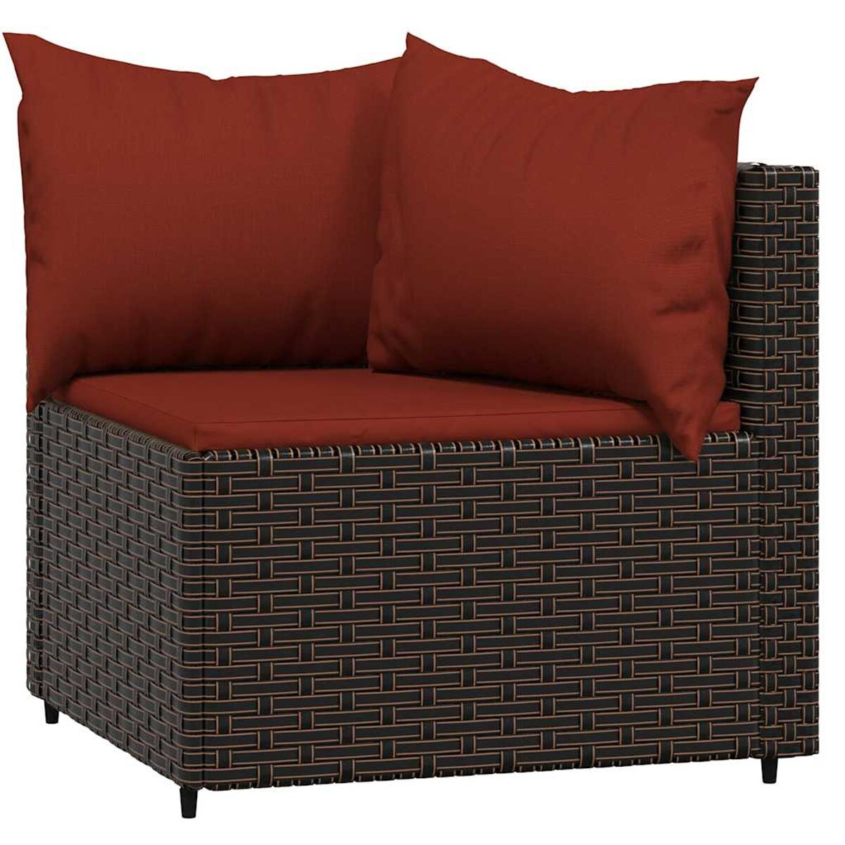 Dunkelbrauner Rattan-Eckstuhl mit roten Kissen.