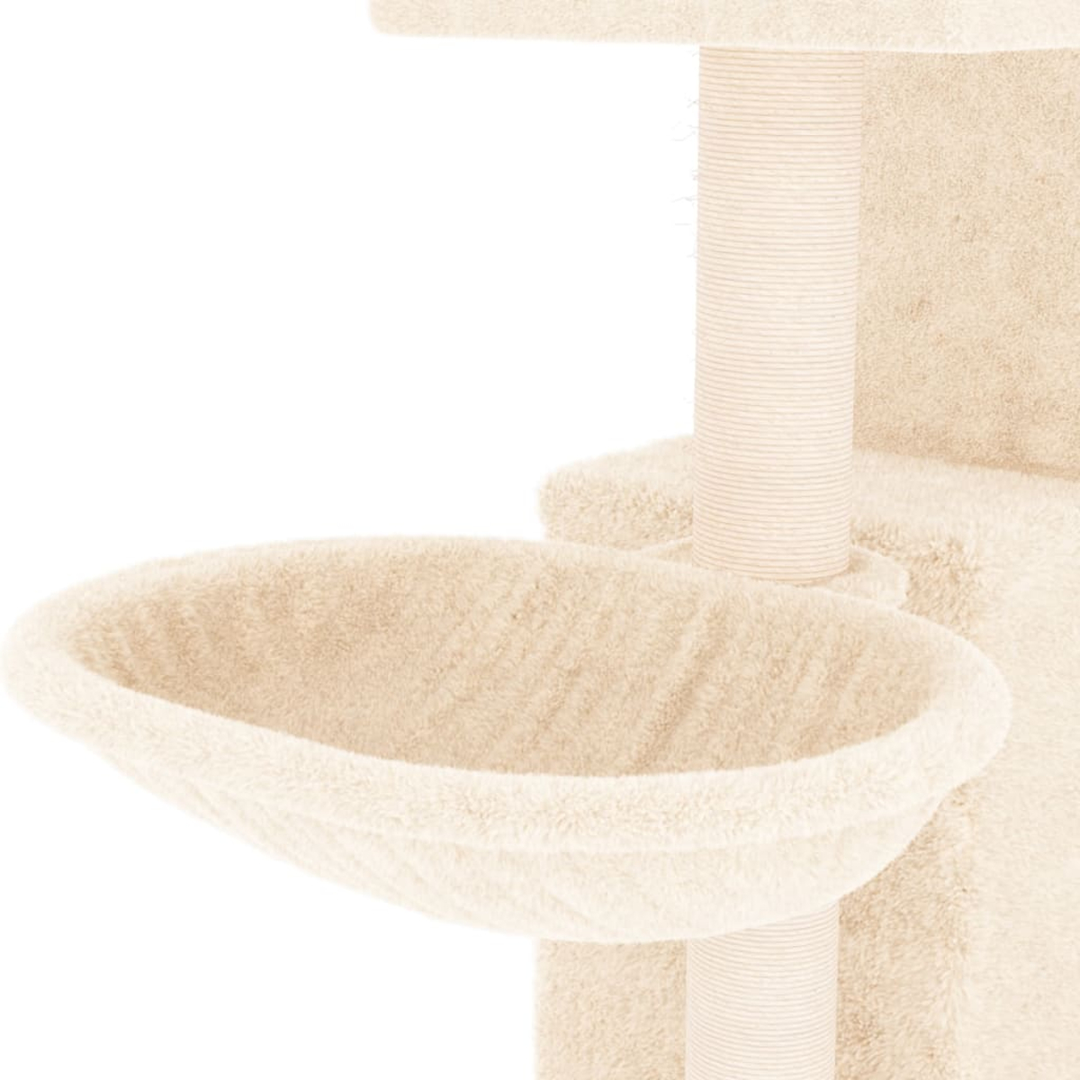 Ein beiger Katzenbaum, der ein rundes, plüschiges Bett zeigt. Der Hintergrund ist weiß.