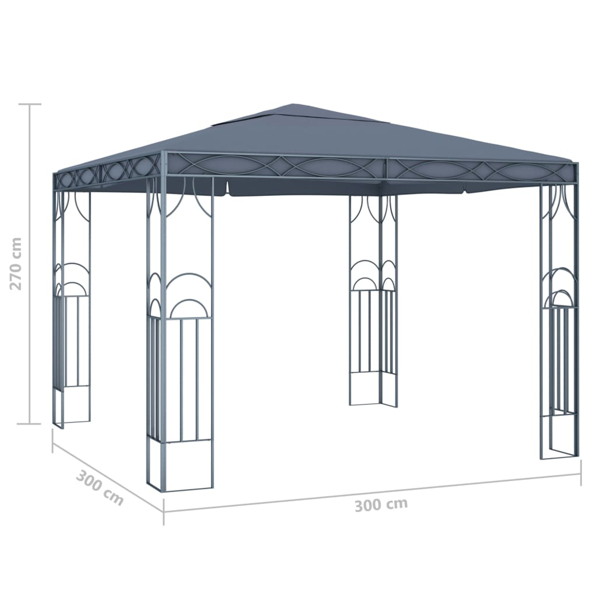 Ein grauer Pavillon mit Abmessungen und einem grauen Dach.