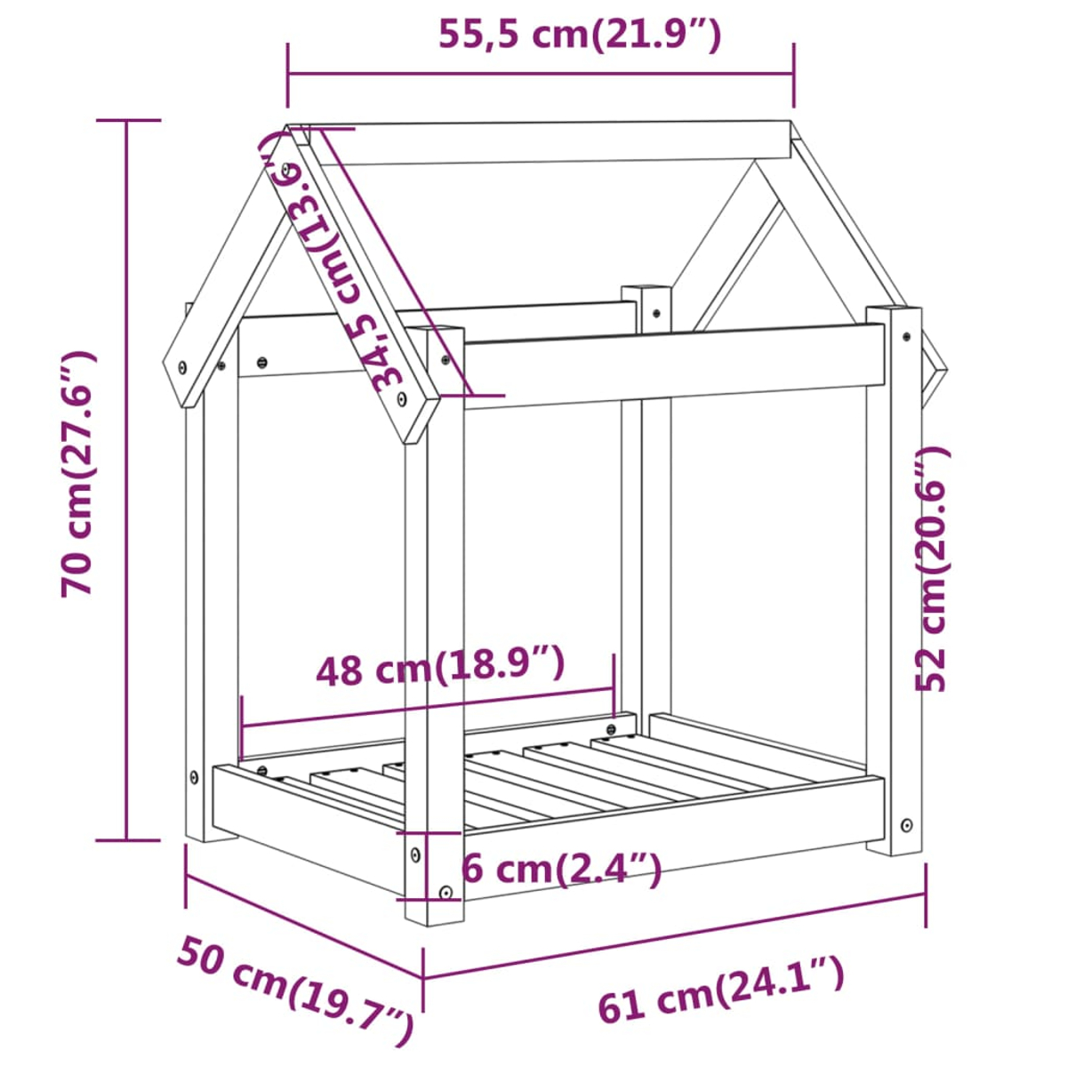 Hundehaus aus Holz mit Maßen in Zentimetern. Weißer Hintergrund. Das Bett hat einen hausähnlichen Rahmen.