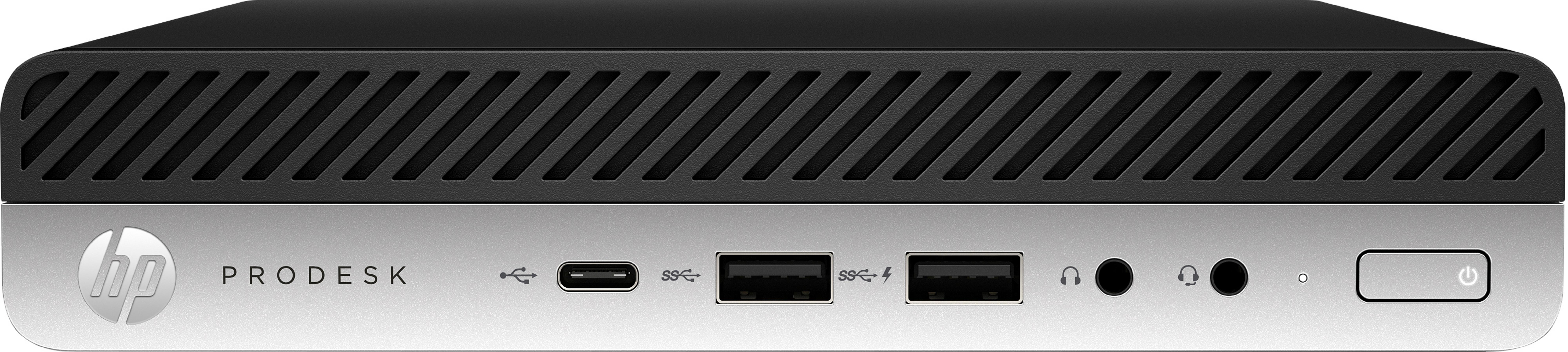Ein kleiner, schwarzer Computer mit Anschlüssen und einem Ein-/Ausschalter auf der Vorderseite.