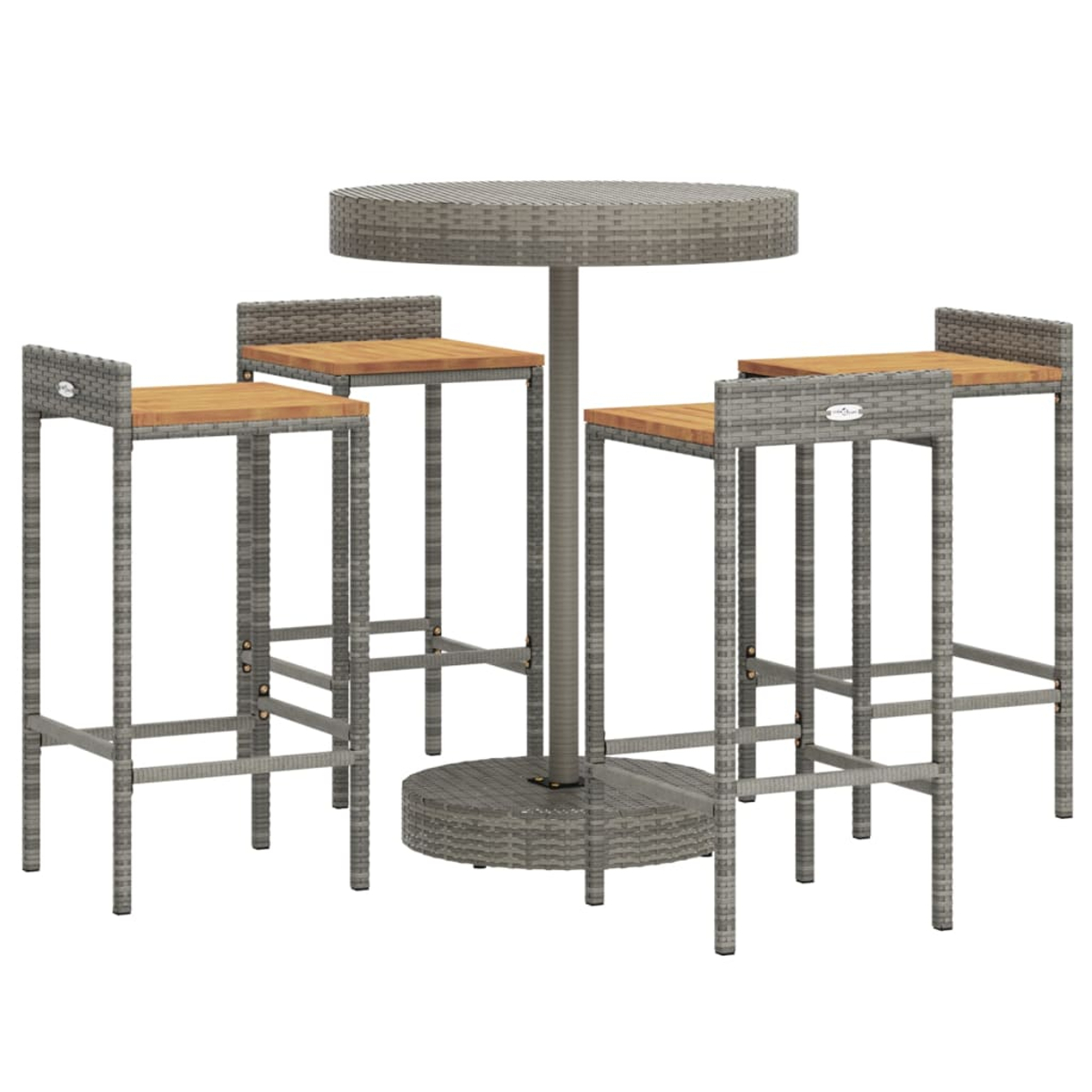 Ein Tisch- und Barhocker-Set, graue Flechtmöbel, mit Holzplatten.