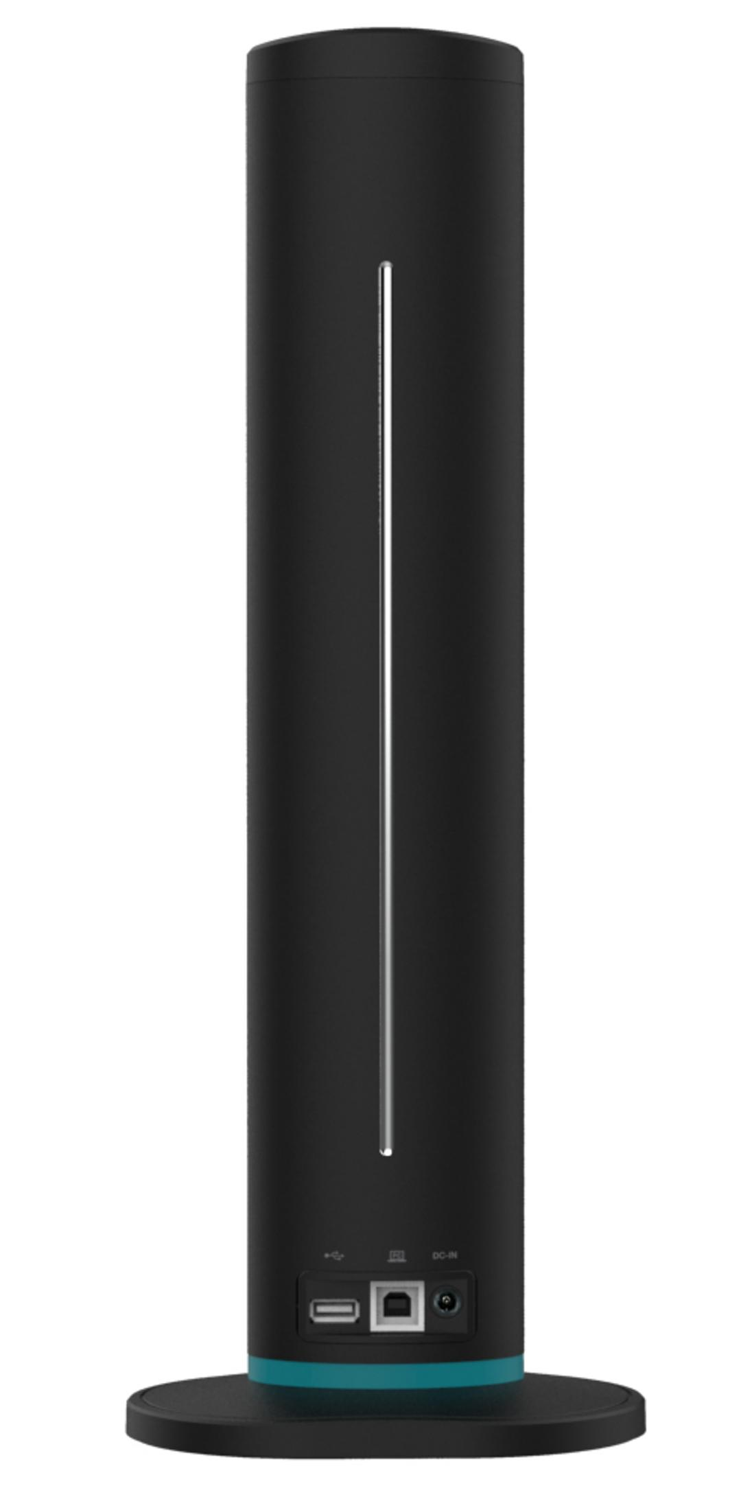 Dispositivo negro, alto, cilíndrico con luz vertical.