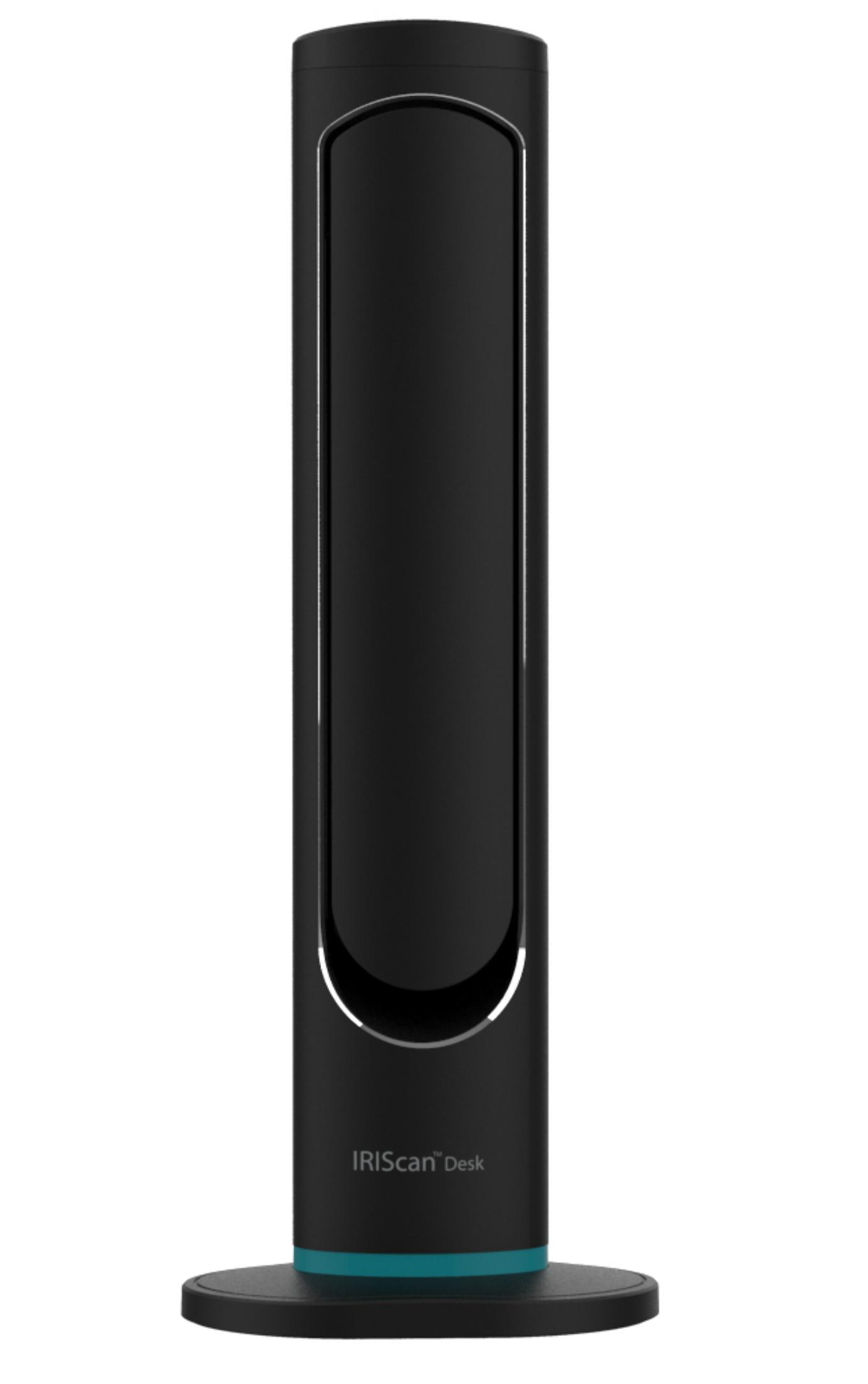 Escáner cilíndrico negro con borde plateado curvo.