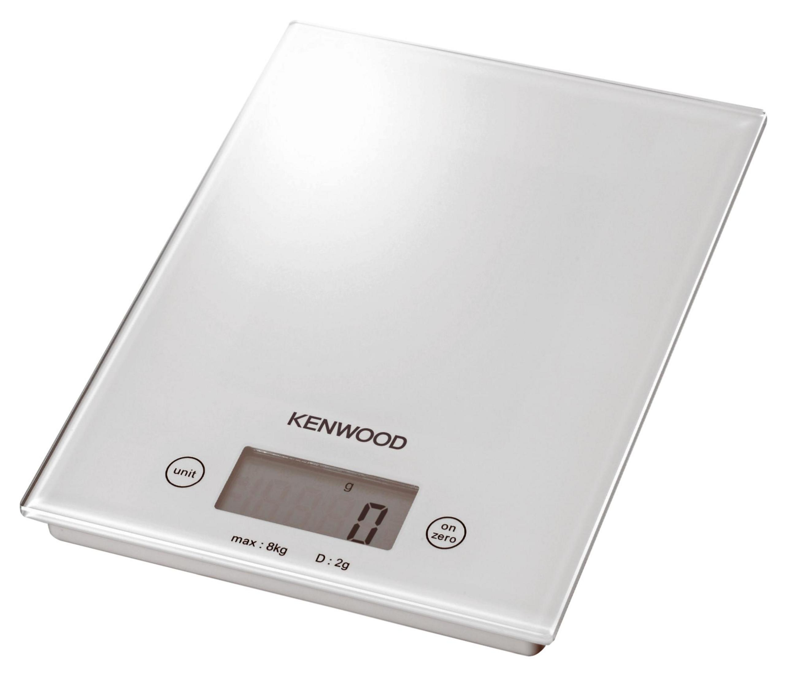 Una bilancia da cucina digitale bianca con il logo Kenwood.