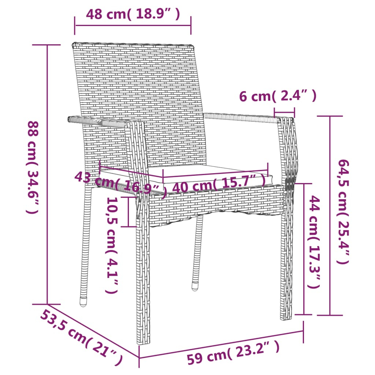 Ein Rattanstuhl mit Maßangaben: 88 cm Höhe, 53,5 cm Breite, 59 cm Tiefe.