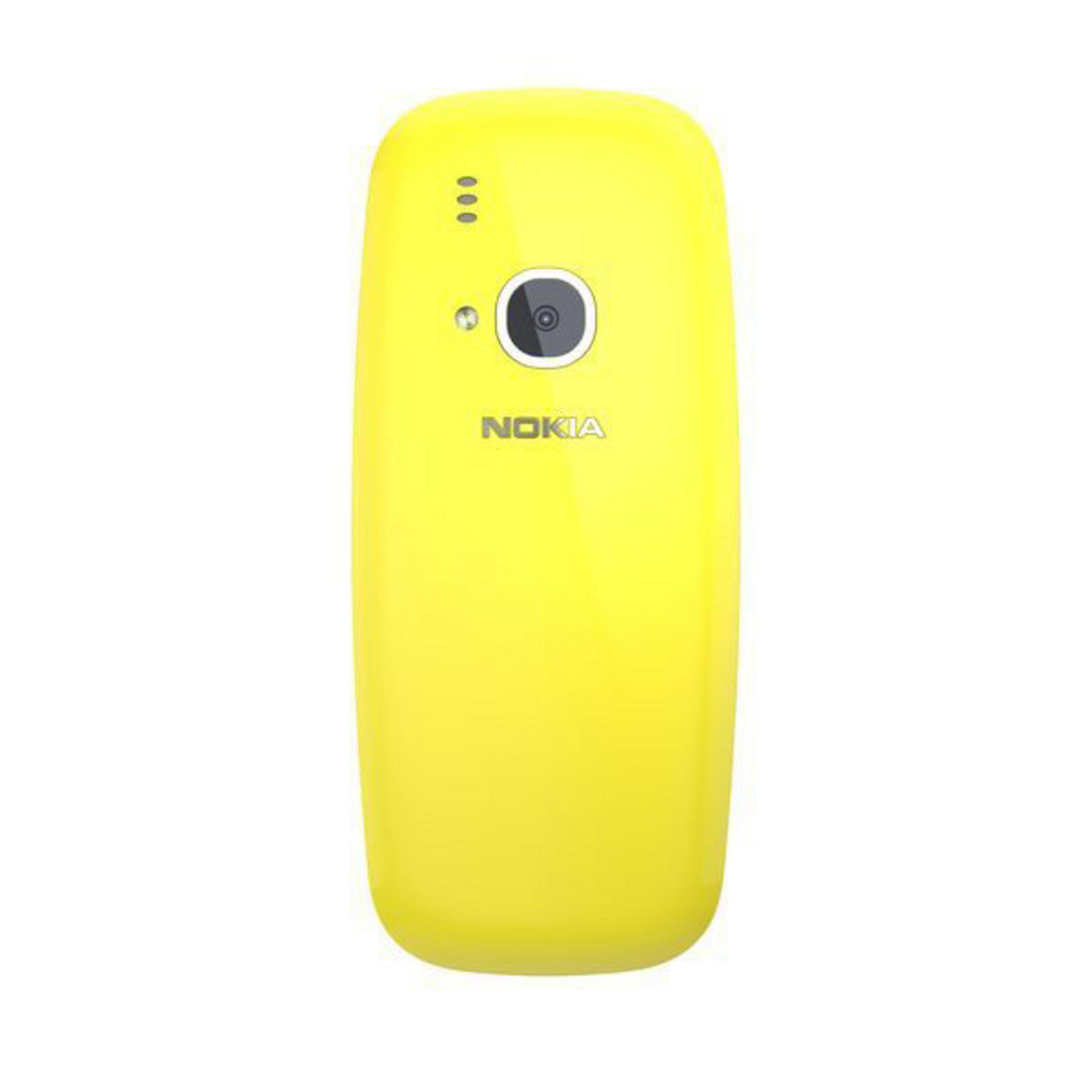 Gelbes Nokia-Telefon. Das Telefon hat eine Kamera und drei kleine kreisförmige Löcher oben.