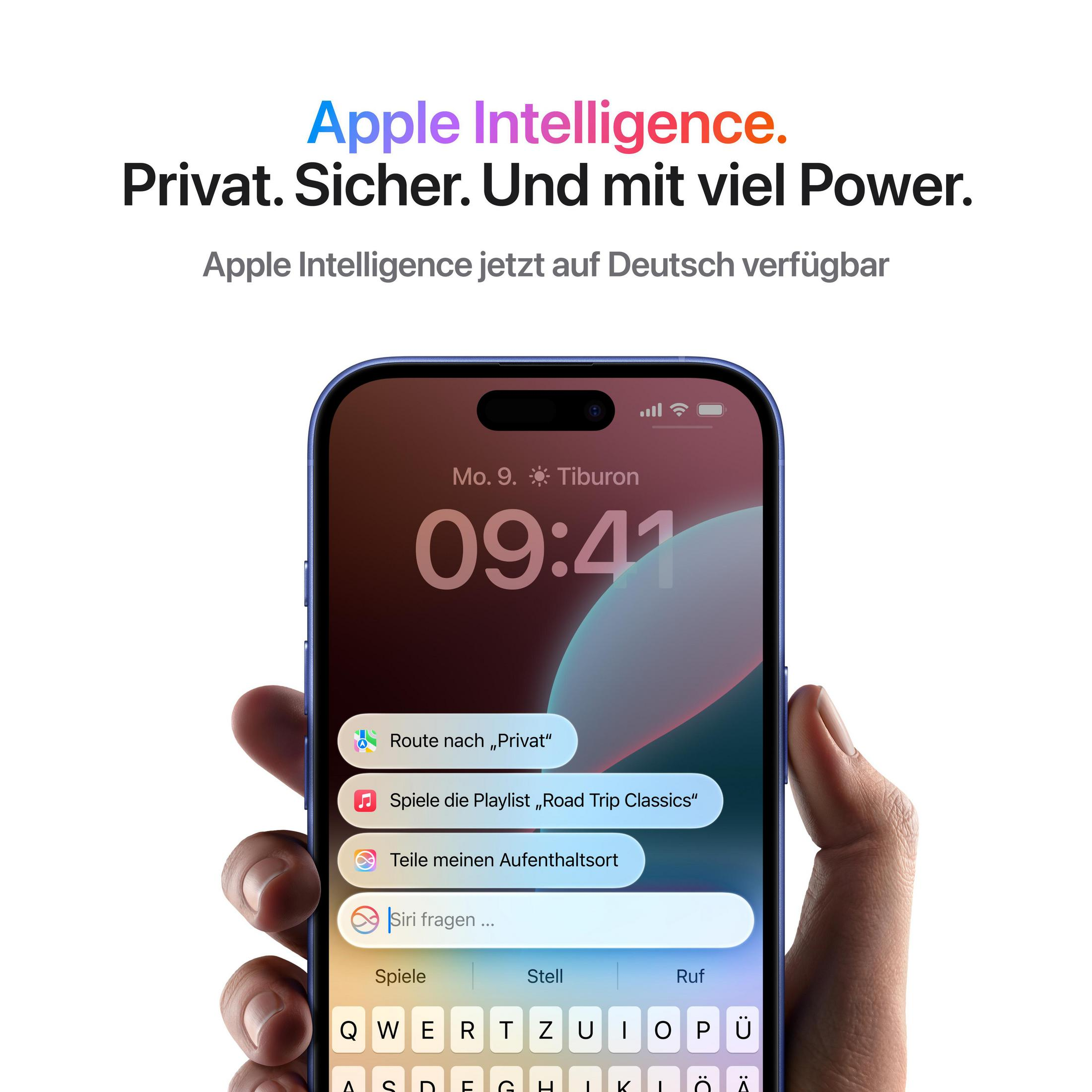 Telefon z ekranem wyświetlającym opcje i tekstem 'Apple Intelligence'. Ręka trzyma telefon.