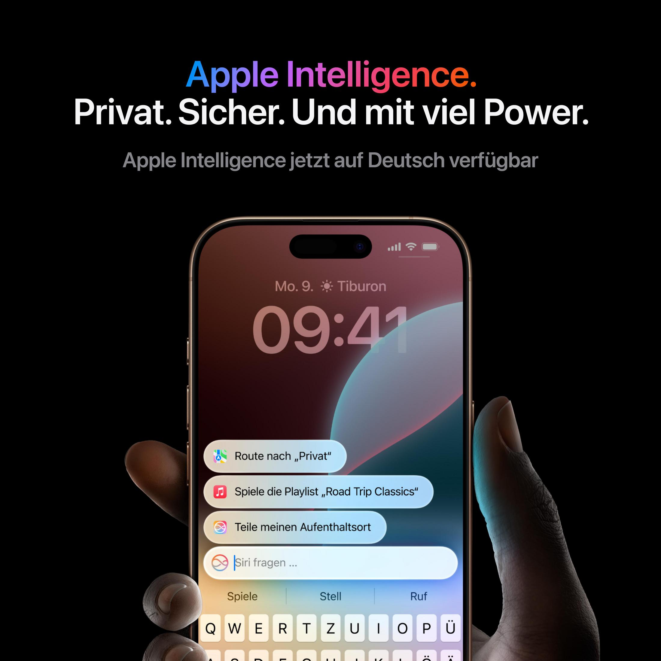 iPhone z interfejsem Siri. Ręka trzyma telefon. Tło: czarne.