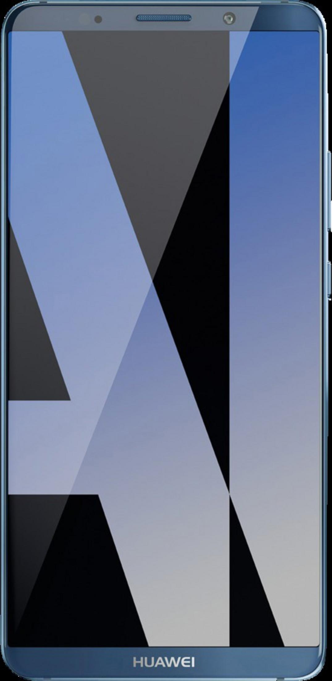 Blaues Smartphone mit blau-schwarzem Muster auf dem Bildschirm. Huawei-Logo unten.