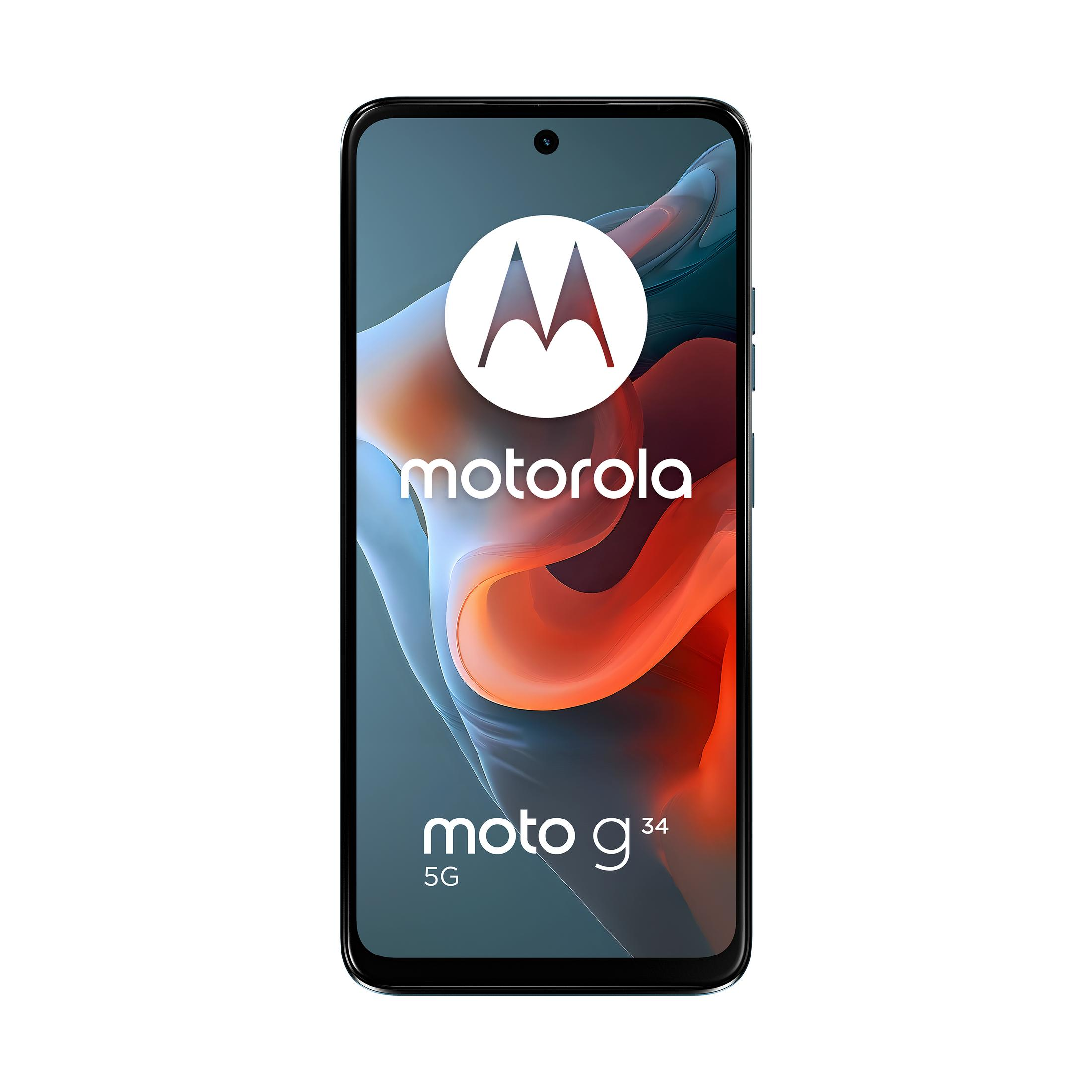 Motorola Moto G34 5G w kolorze niebieskim, z białym logo na ekranie i osobą na deskorolce.