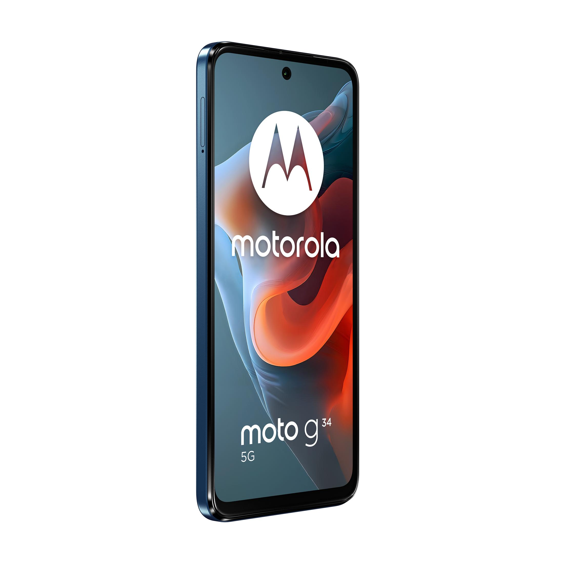 Smartfon Motorola Moto g34 5G, niebieska ramka, białe logo, widok z góry, białe tło.