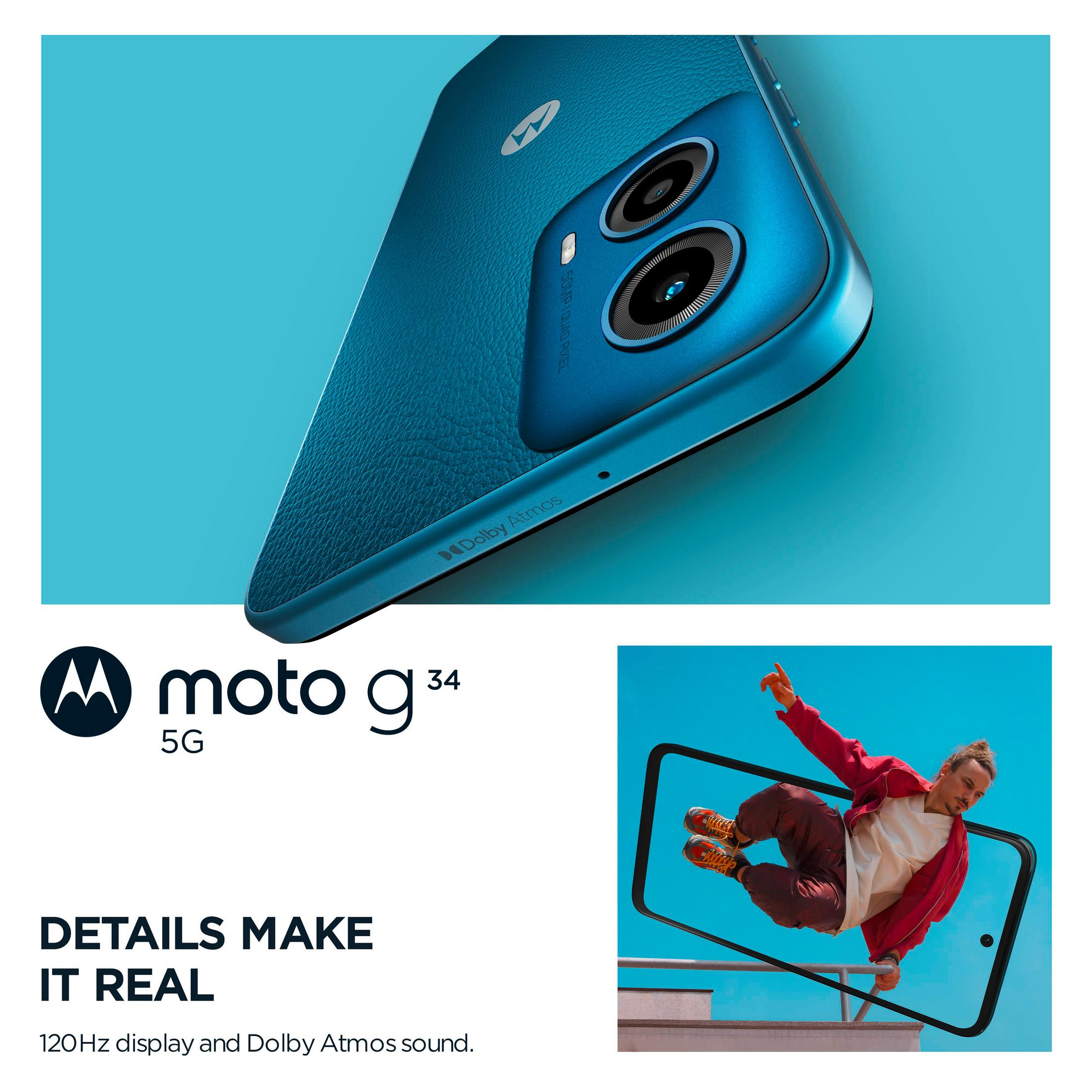 Funkcje Motorola Moto G34 5G: aparat 50MP, bateria 5000mAh, wyświetlacz 120Hz, procesor Snapdragon.