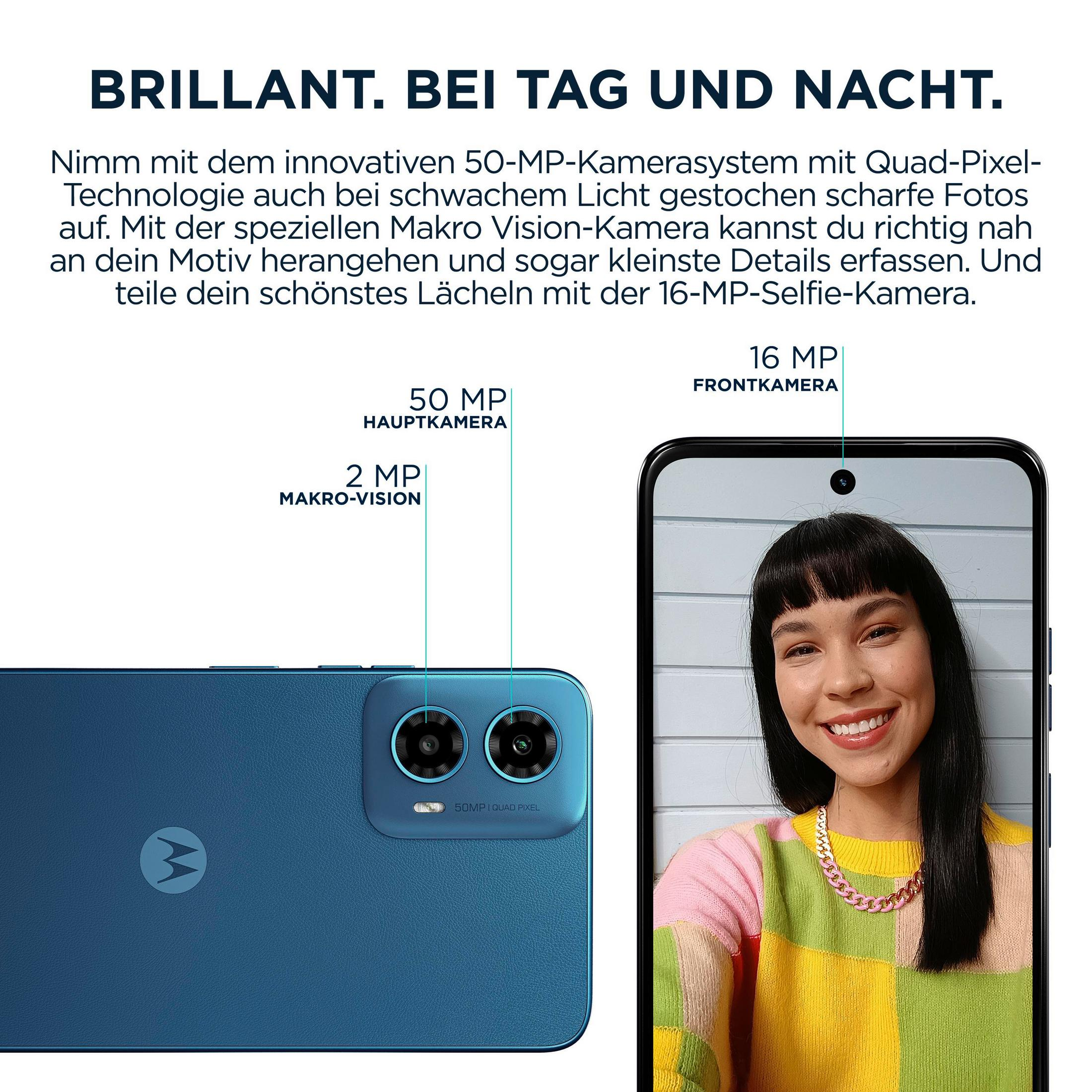 Smartfon z podwójnym aparatem i aparatem do selfie. Tekst na ekranie jest po niemiecku.