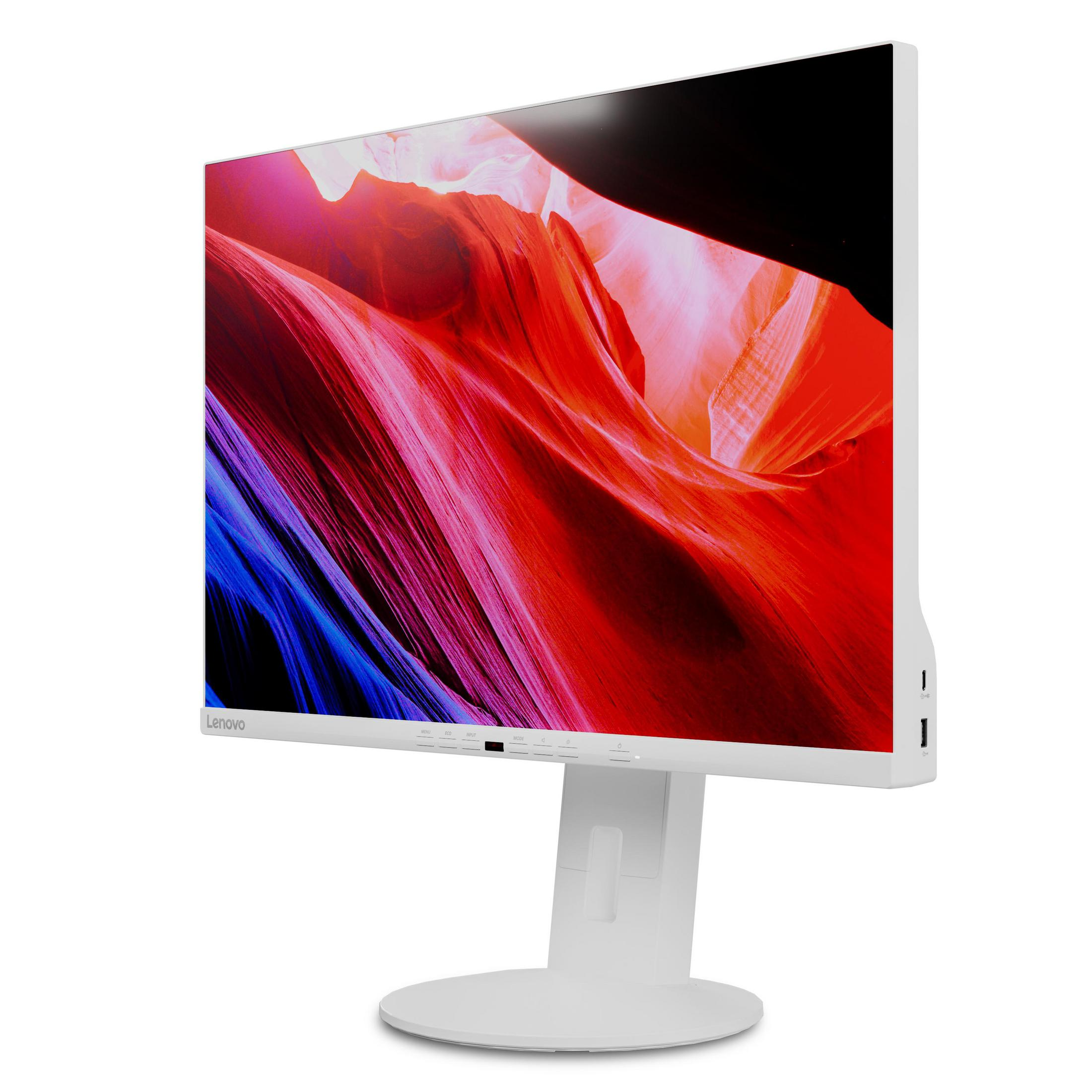 Weißer Lenovo Monitor. Zeigt rotes, oranges und blaues Canyon-Bild. Weißer Ständer.