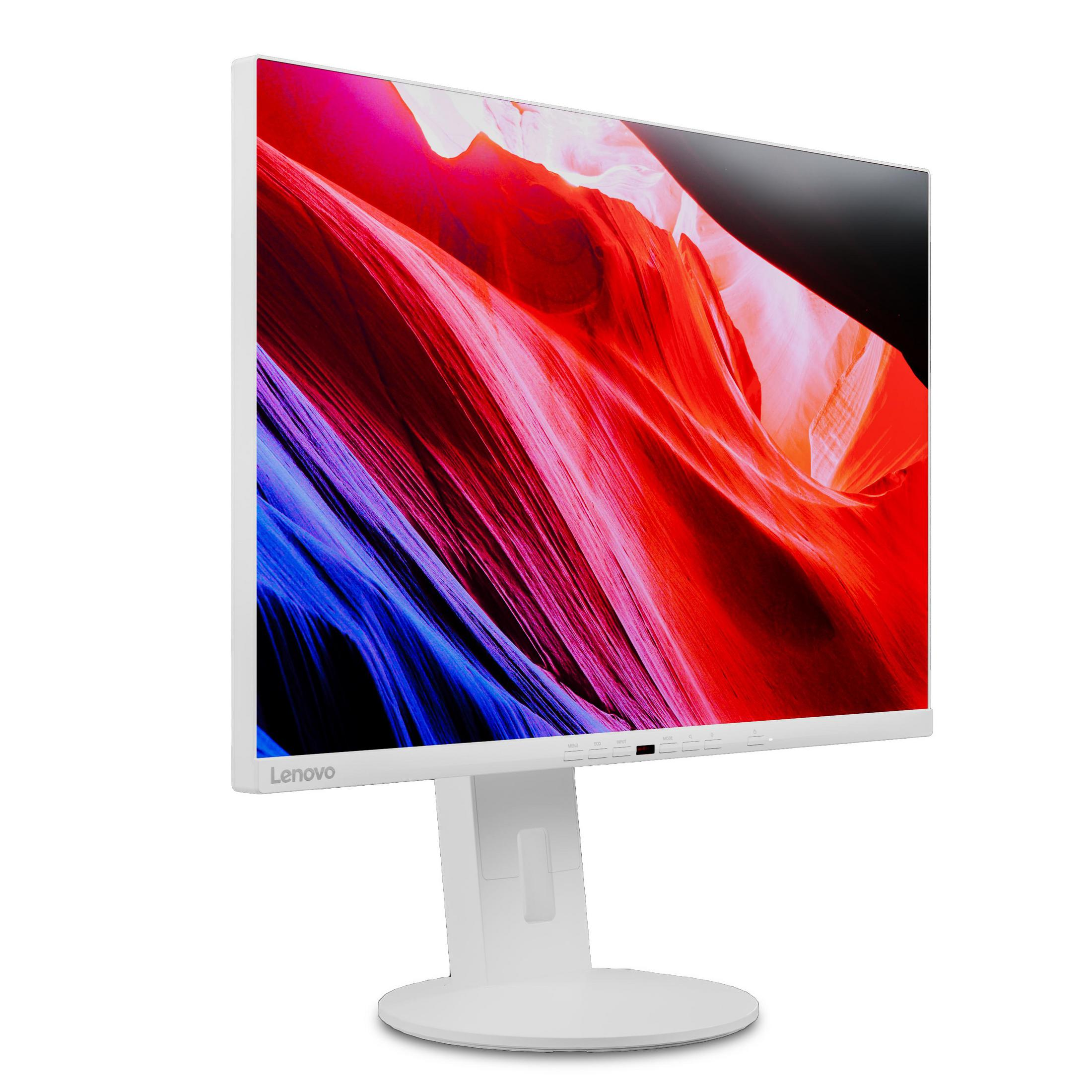 Weißer Lenovo Monitor. Zeigt ein rotes, oranges, blaues Canyon-Bild. Weißer Ständer.