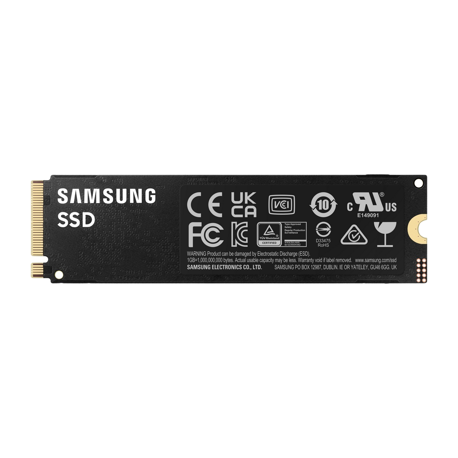 Samsung SSD, schwarz. Text und Logos. Schwarzer Hintergrund.