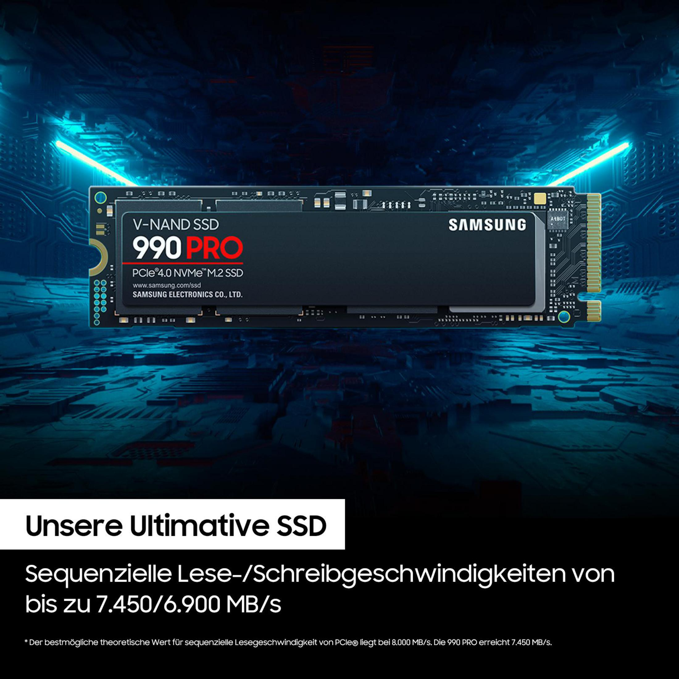 Dysk SSD Samsung 990 PRO. Tekst: V-NAND SSD, PCIe 4.0 NVMe M.2. Niebieskie tło.