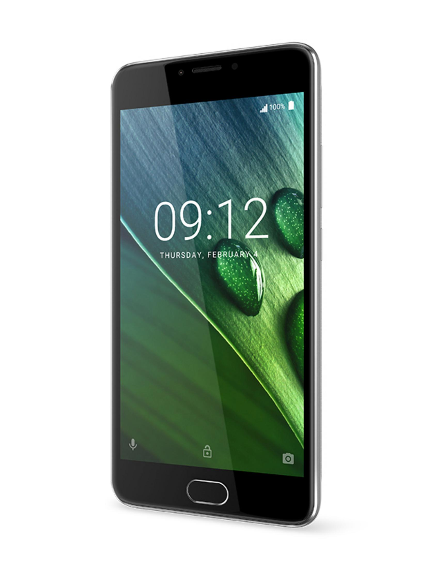 Ein schwarzes Telefon mit grüner Anzeige, die Zeit und grüne Wassertropfen zeigt.