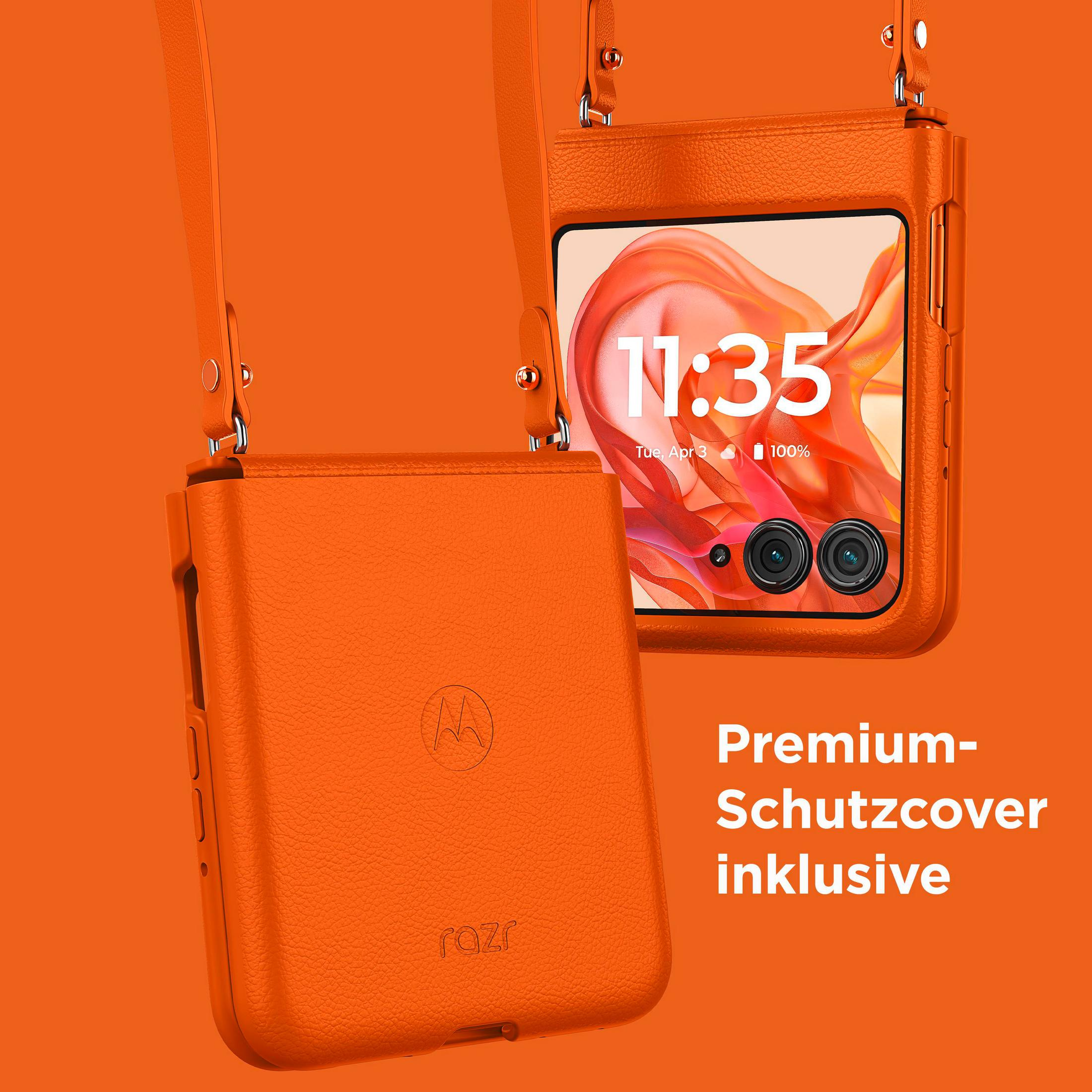 Pomarańczowe etui z telefonem Motorola Razr w środku, na pomarańczowym tle.