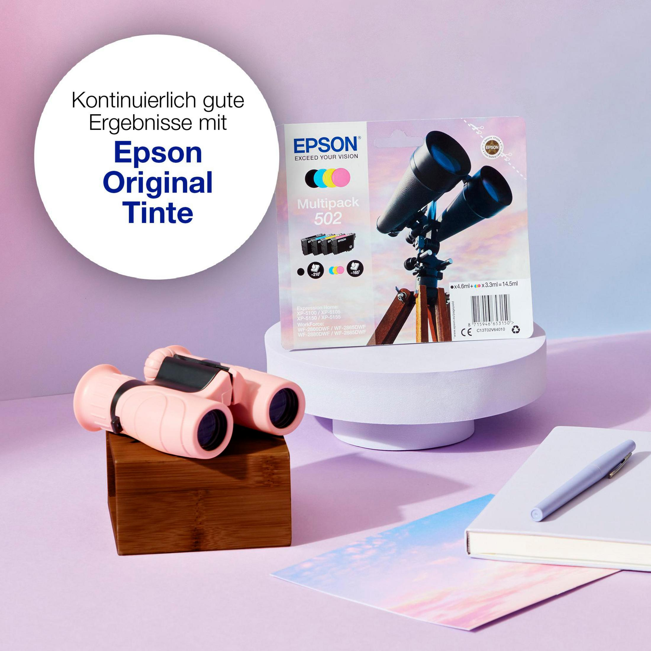 Zestaw wkładów atramentowych Epson z różową lornetką i notatnikiem. Zawiera czarne, cyjanowe, magenta i żółte atramenty.