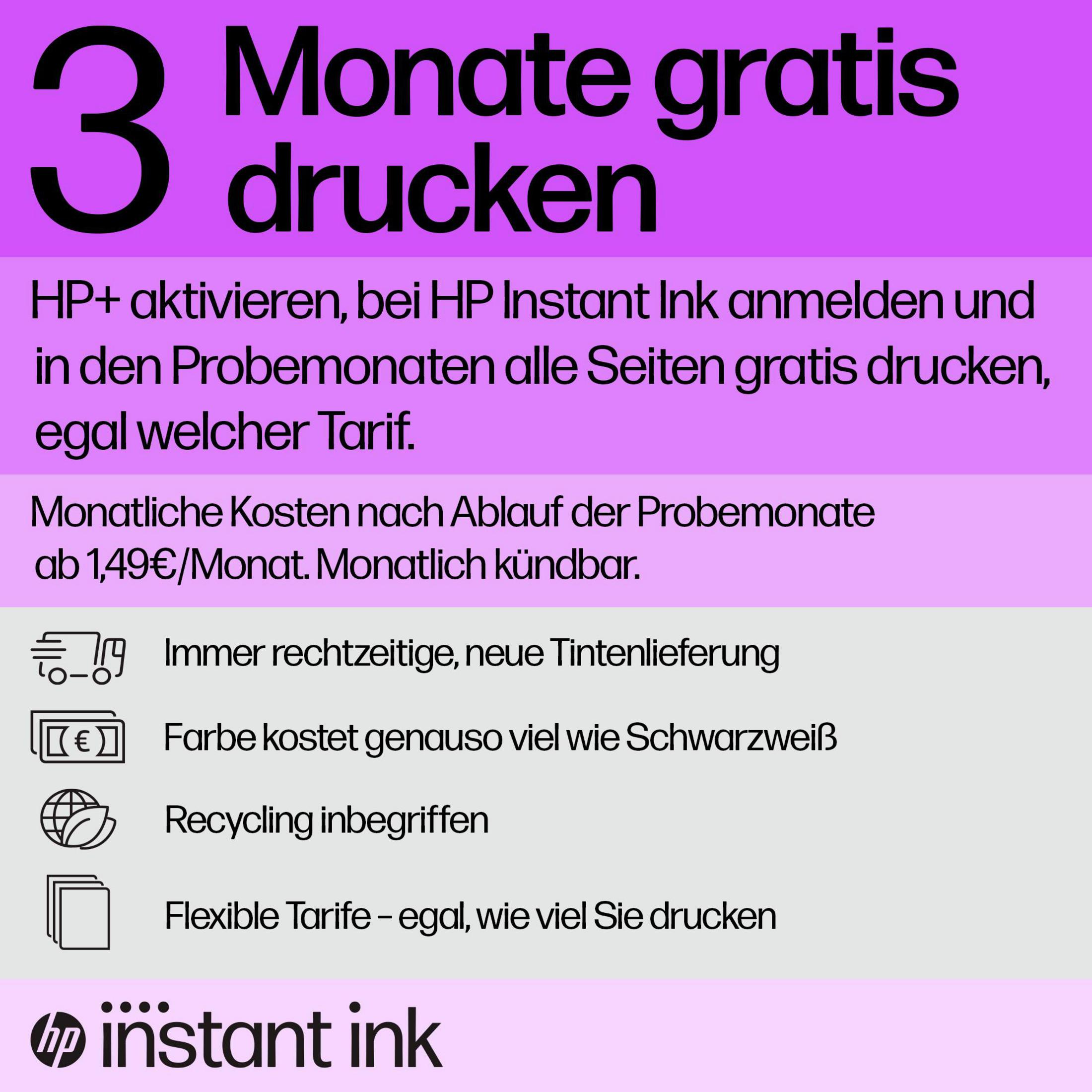 Texto sobre HP Instant Ink con iconos y logotipos. Fondo morado.