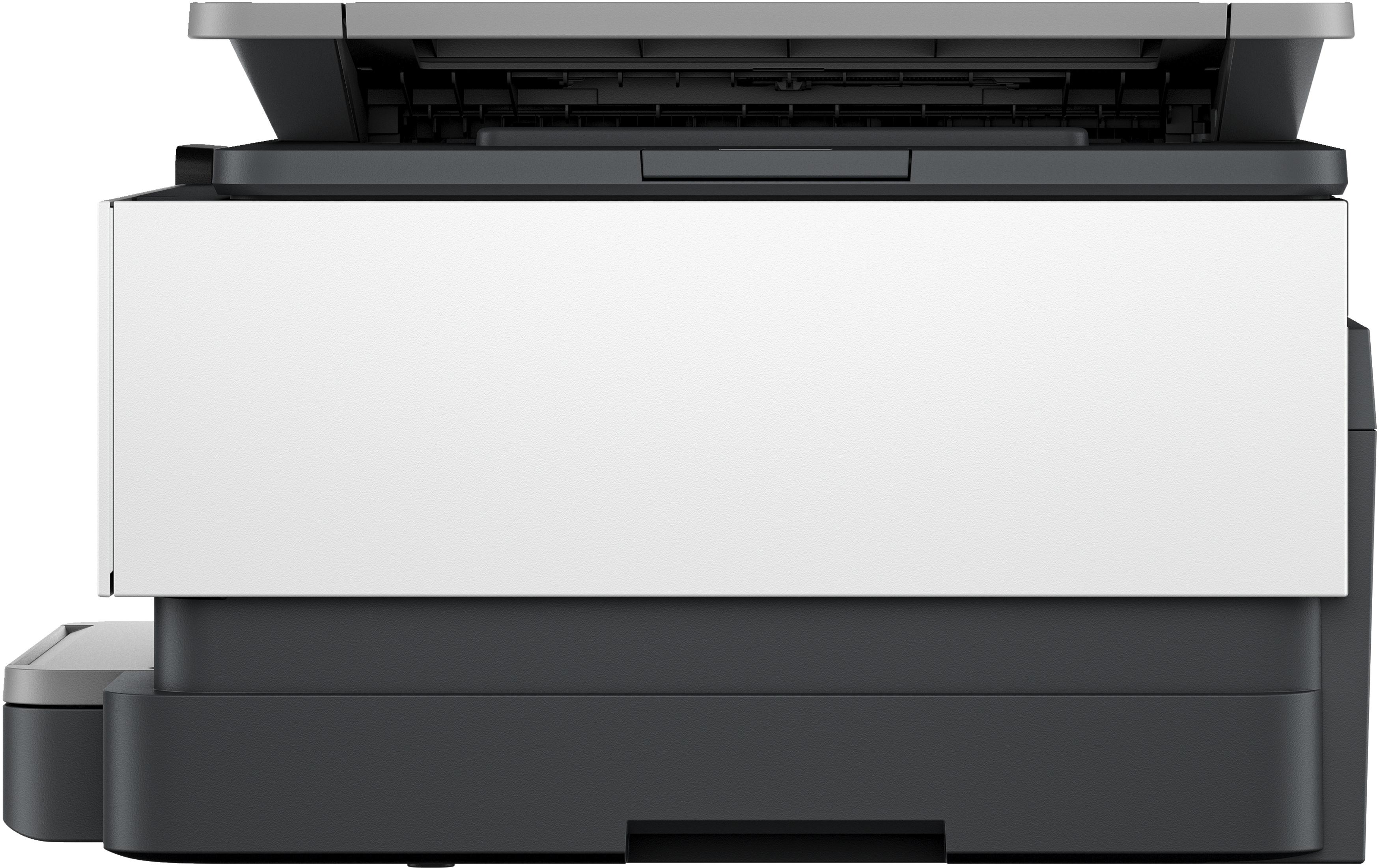 Zijaanzicht van een printer met een witte bovenkant en een donkergrijze basis.