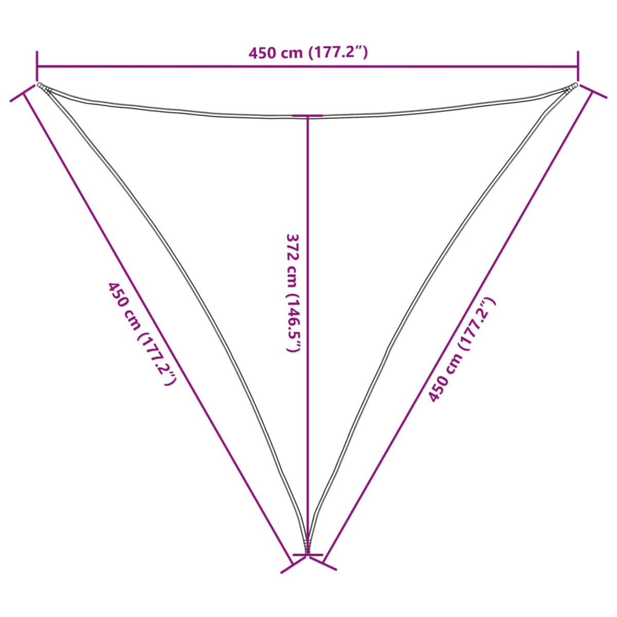 Contorno di una vela parasole triangolare, con dimensioni in centimetri e pollici.