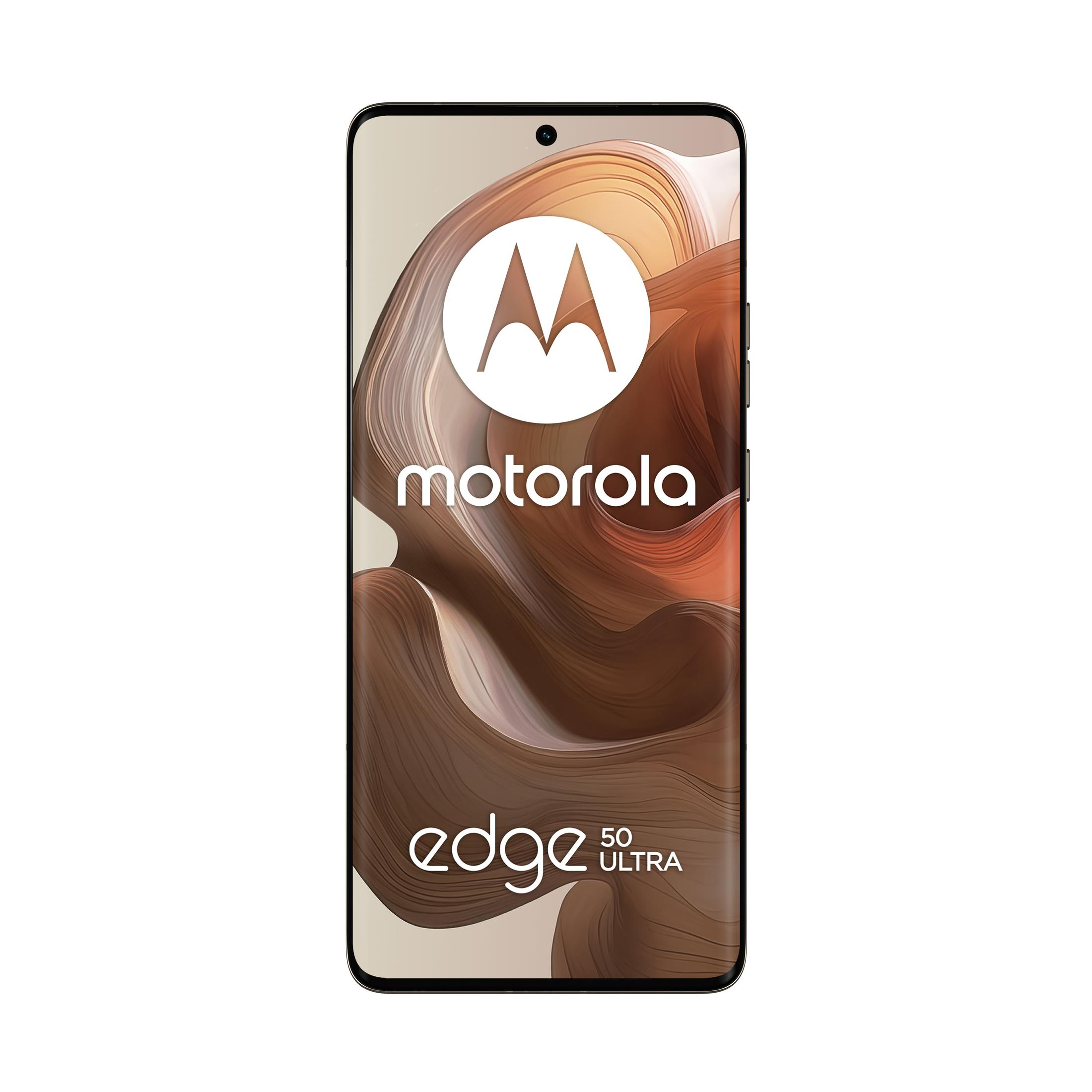 Smartfon wyświetla logo Motorola i słowa 'edge 50 ultra'. Tło jest rozmyte.