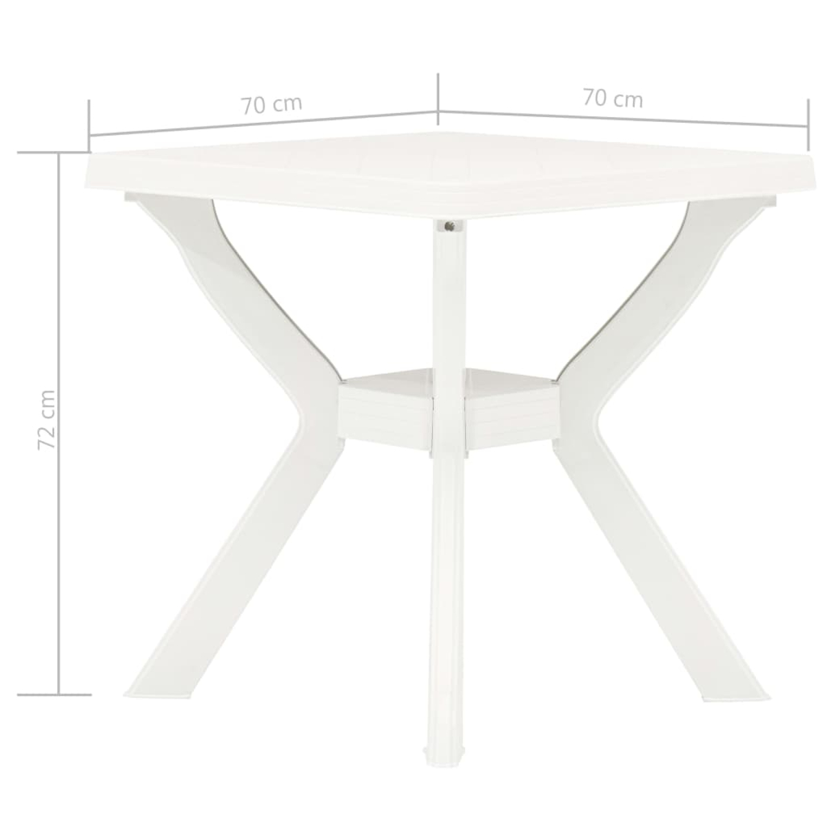 Ein weißer quadratischer Tisch mit einem einzigen Mittelbein und Abmessungen in cm.