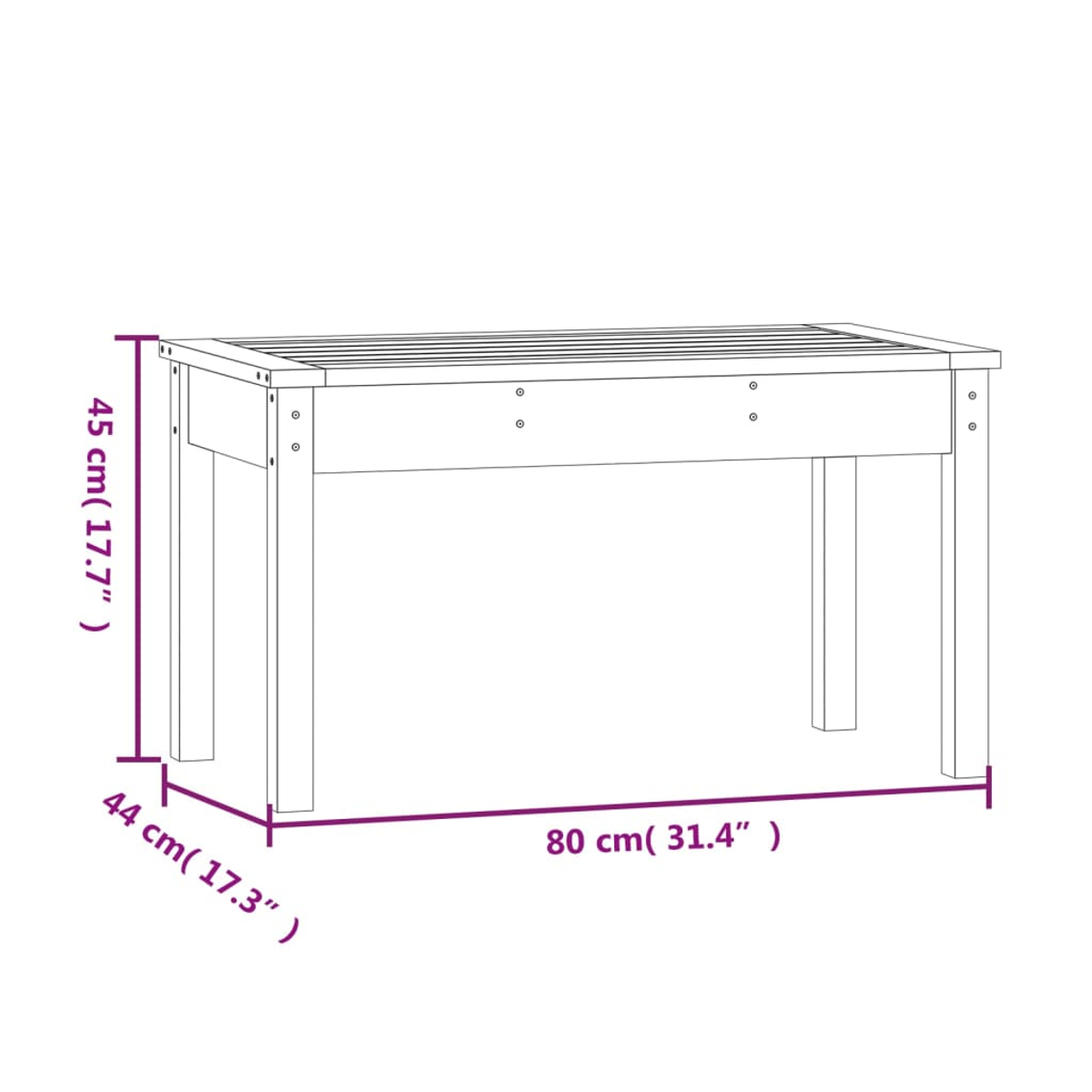 Ein Holztisch mit beschrifteten Abmessungen, 45 cm hoch, 44 cm breit und 80 cm lang. Weißer Hintergrund.
