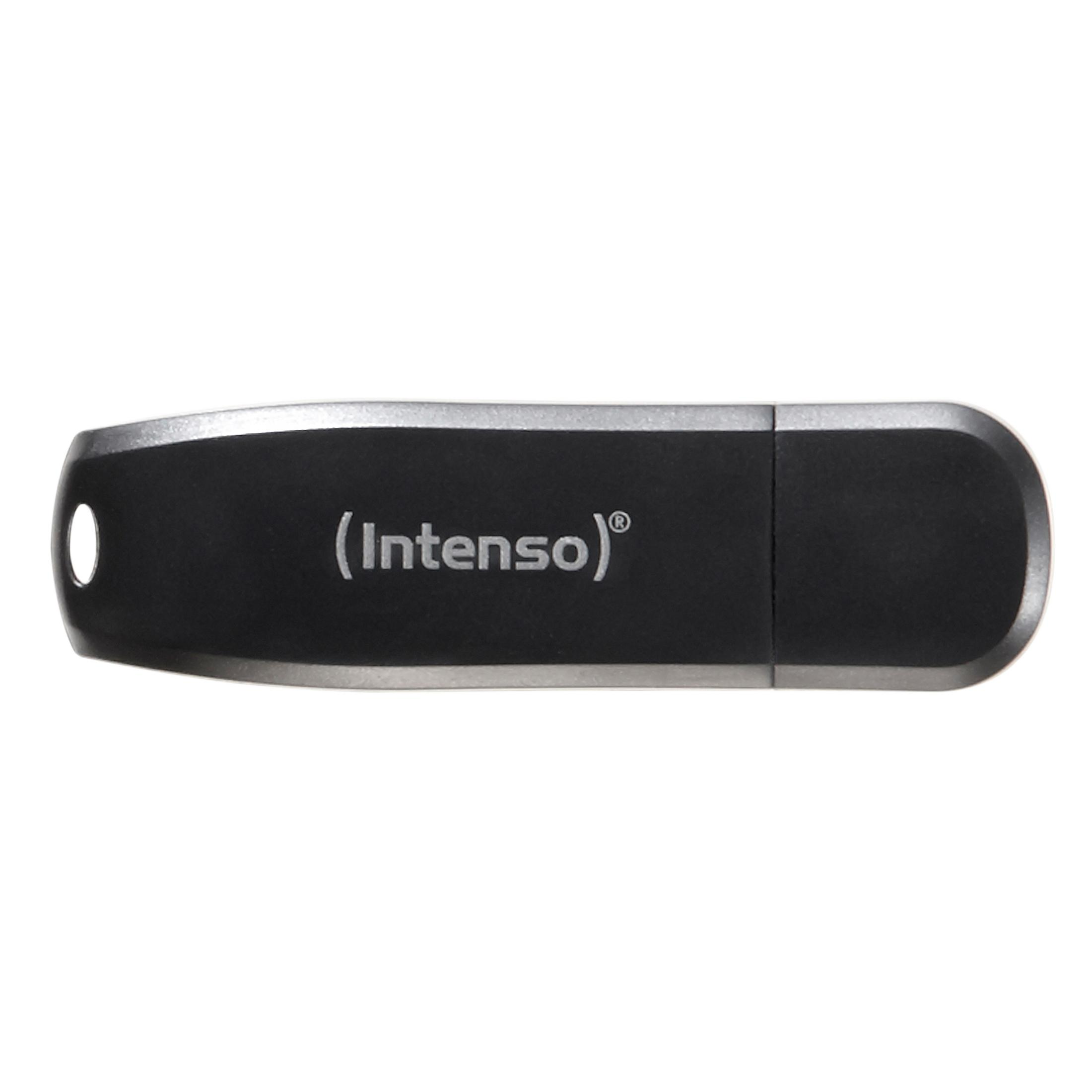 Clé USB noire avec le logo Intenso. Le fond est blanc.