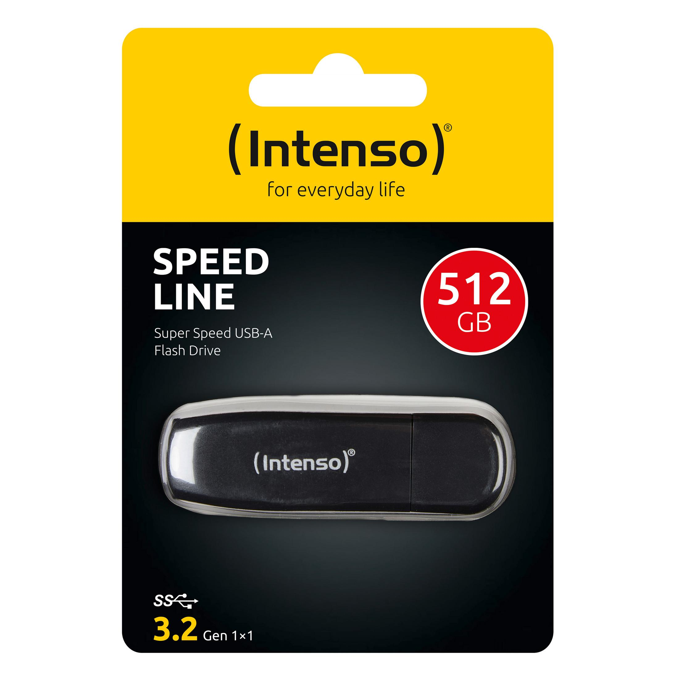 Clé USB Intenso Speed Line noire dans un emballage jaune et noir.