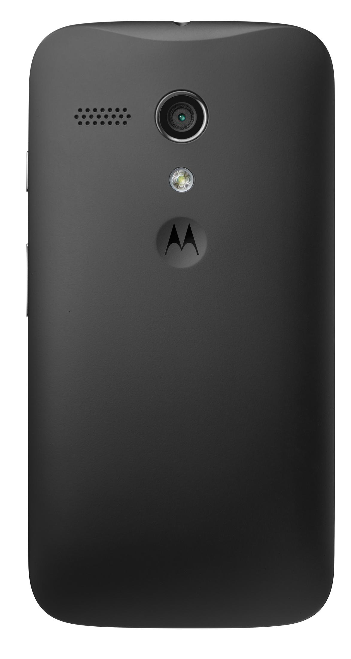 Vista posteriore di uno smartphone Motorola nero. Ha fotocamera, flash, logo Motorola e altoparlante.
